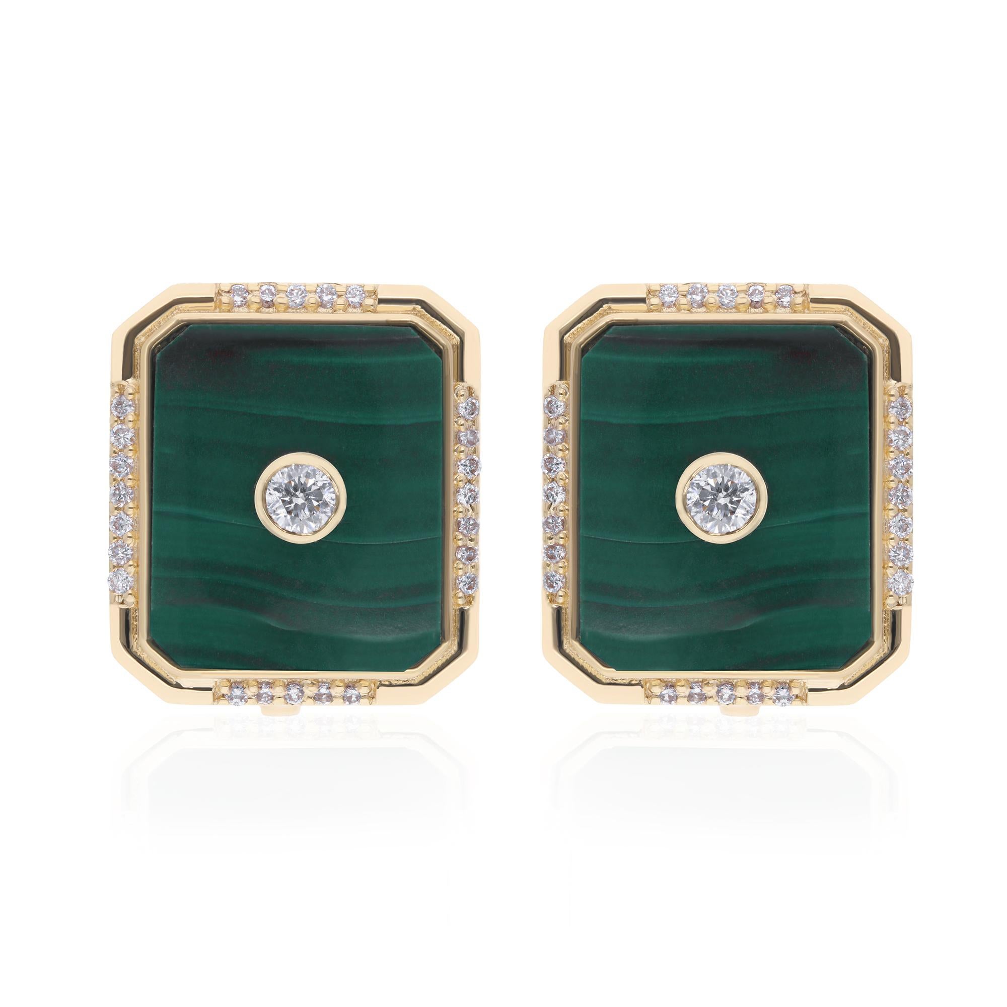 Cast from 18-karat gold, these exquisite earrings are handset with 11.56 carats malachite & 0.43 carats of sparkling diamonds.

FOLLOW SPECTRUM JEWELS storefront to view the latest collection & exclusive pieces. Spectrum Jewels is proudly rated as a