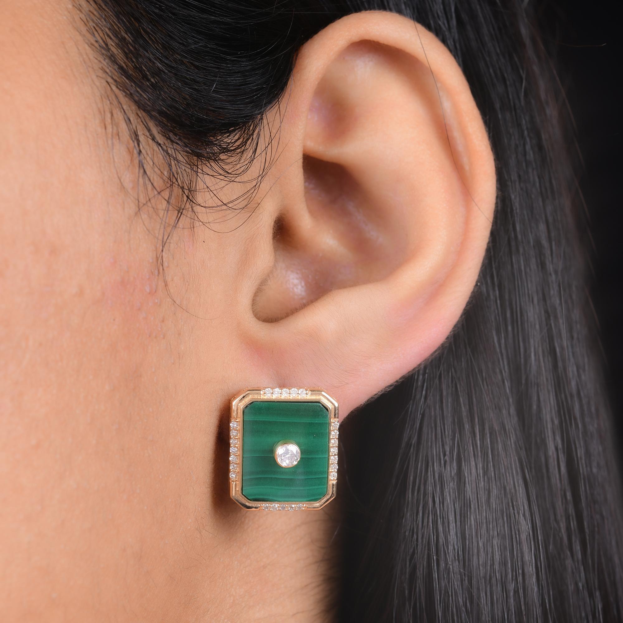 Modern 11.56 Carat Malachite Gemstone Earrings 0.43 Ct. Diamond Pave 18k Yellow Gold For Sale