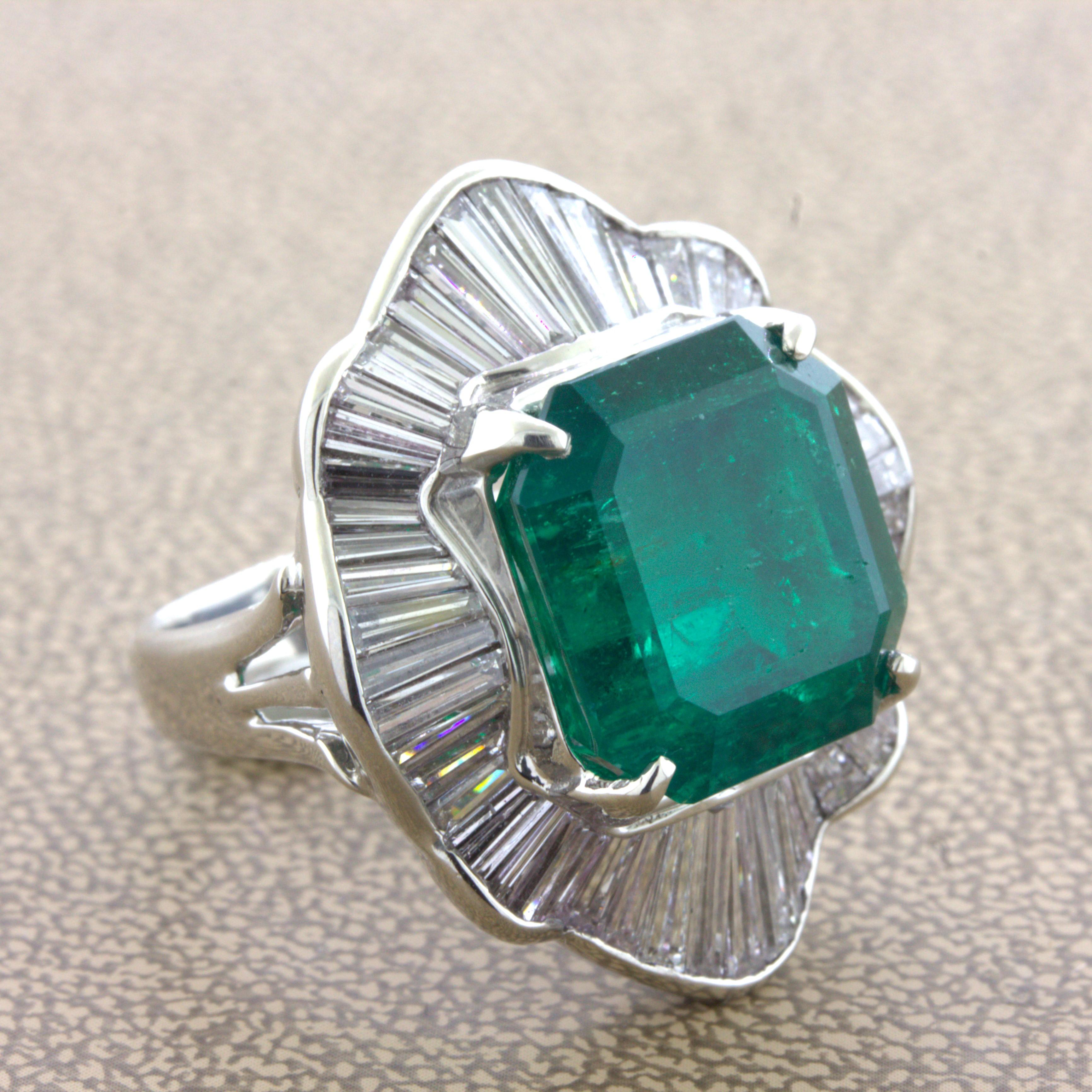 Emerald Cut 11.57 Carat Colombian Emerald Diamond Platinum Ring, GRS Certified For Sale