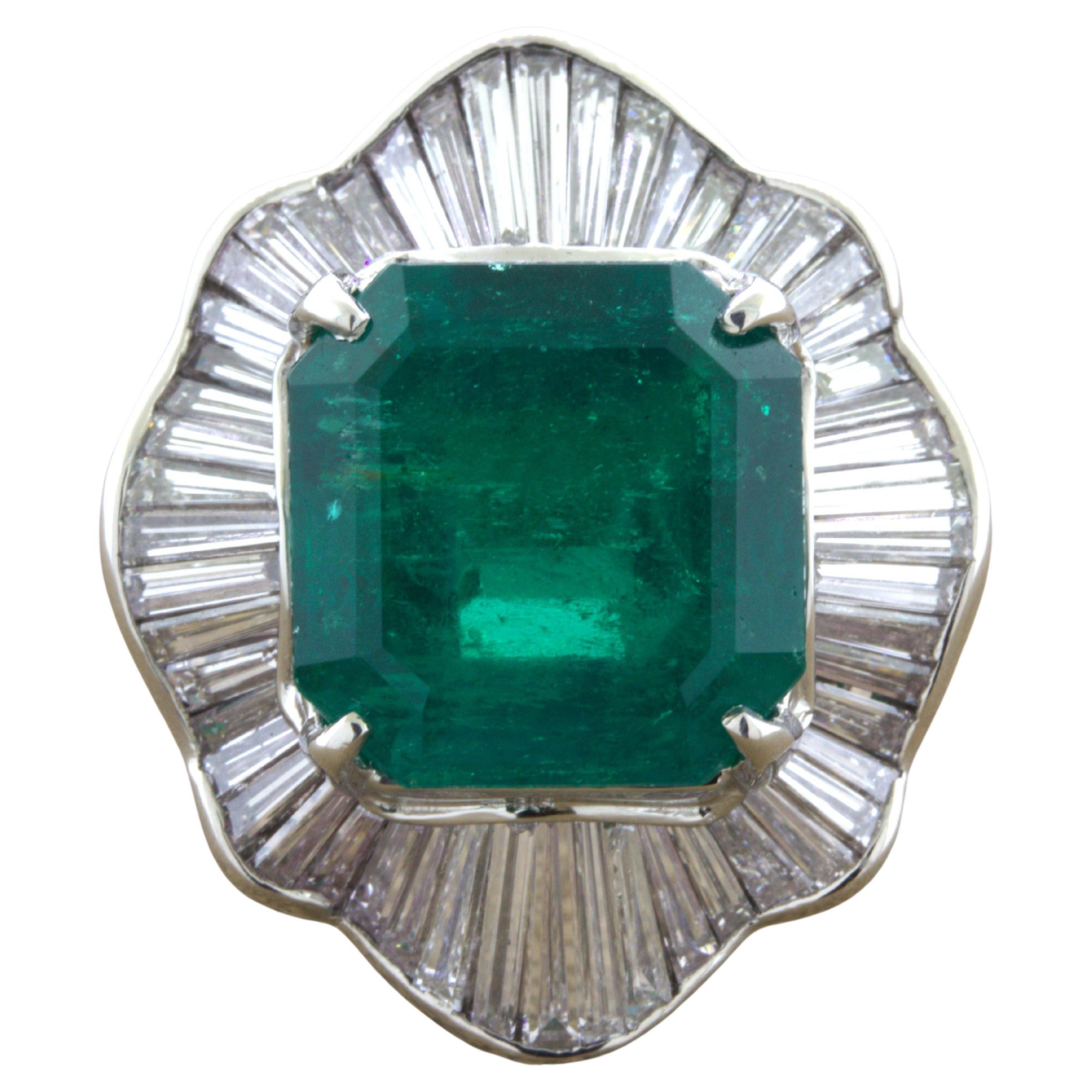 11.57 Carat Colombian Emerald Diamond Platinum Ring, GRS Certified For Sale