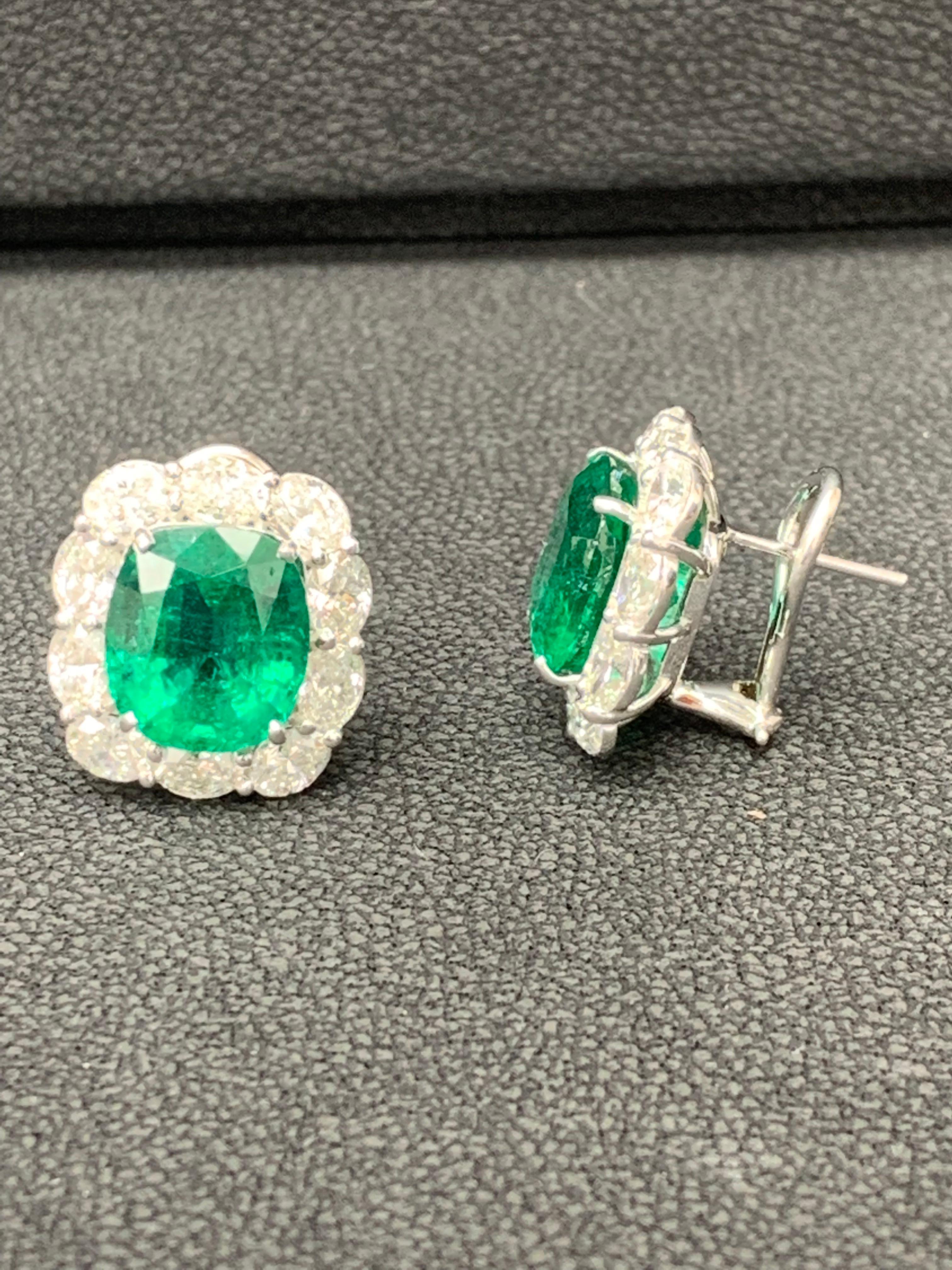 Modern 11.57 Carat Cushion Cut Emeralds and Diamond Halo Earrings in 18K White Gold For Sale