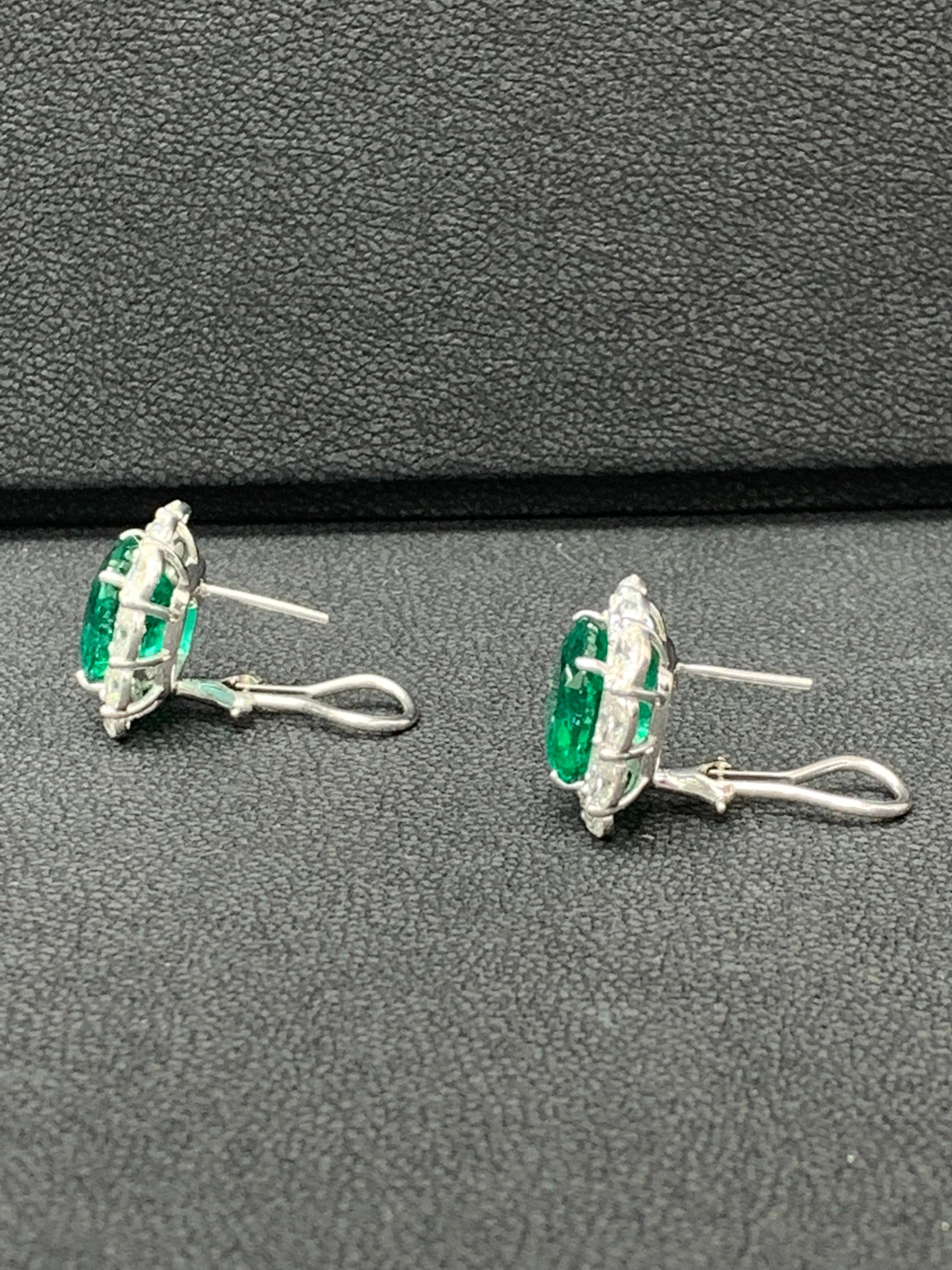 Women's 11.57 Carat Cushion Cut Emeralds and Diamond Halo Earrings in 18K White Gold For Sale