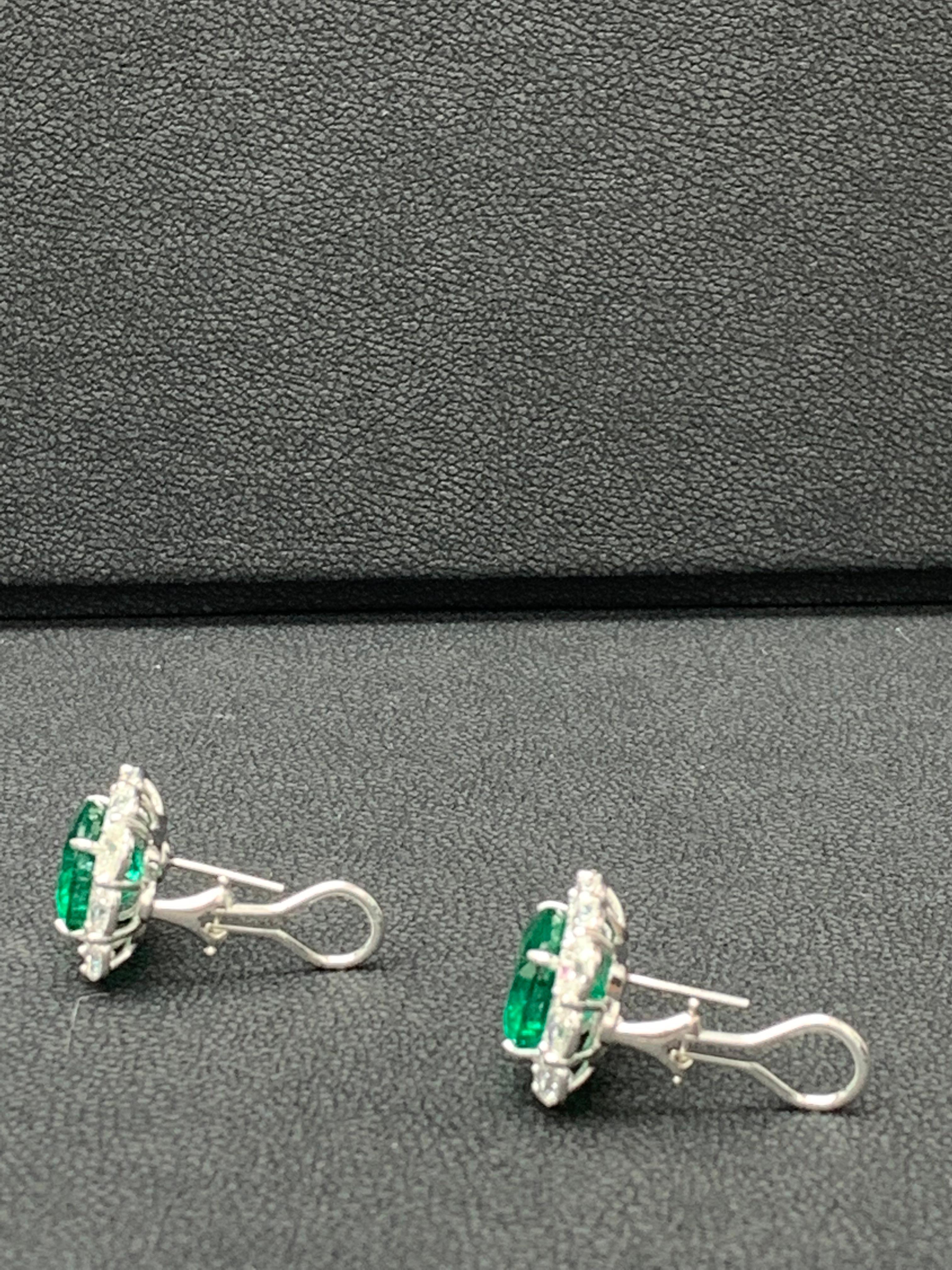 11.57 Carat Cushion Cut Emeralds and Diamond Halo Earrings in 18K White Gold For Sale 2