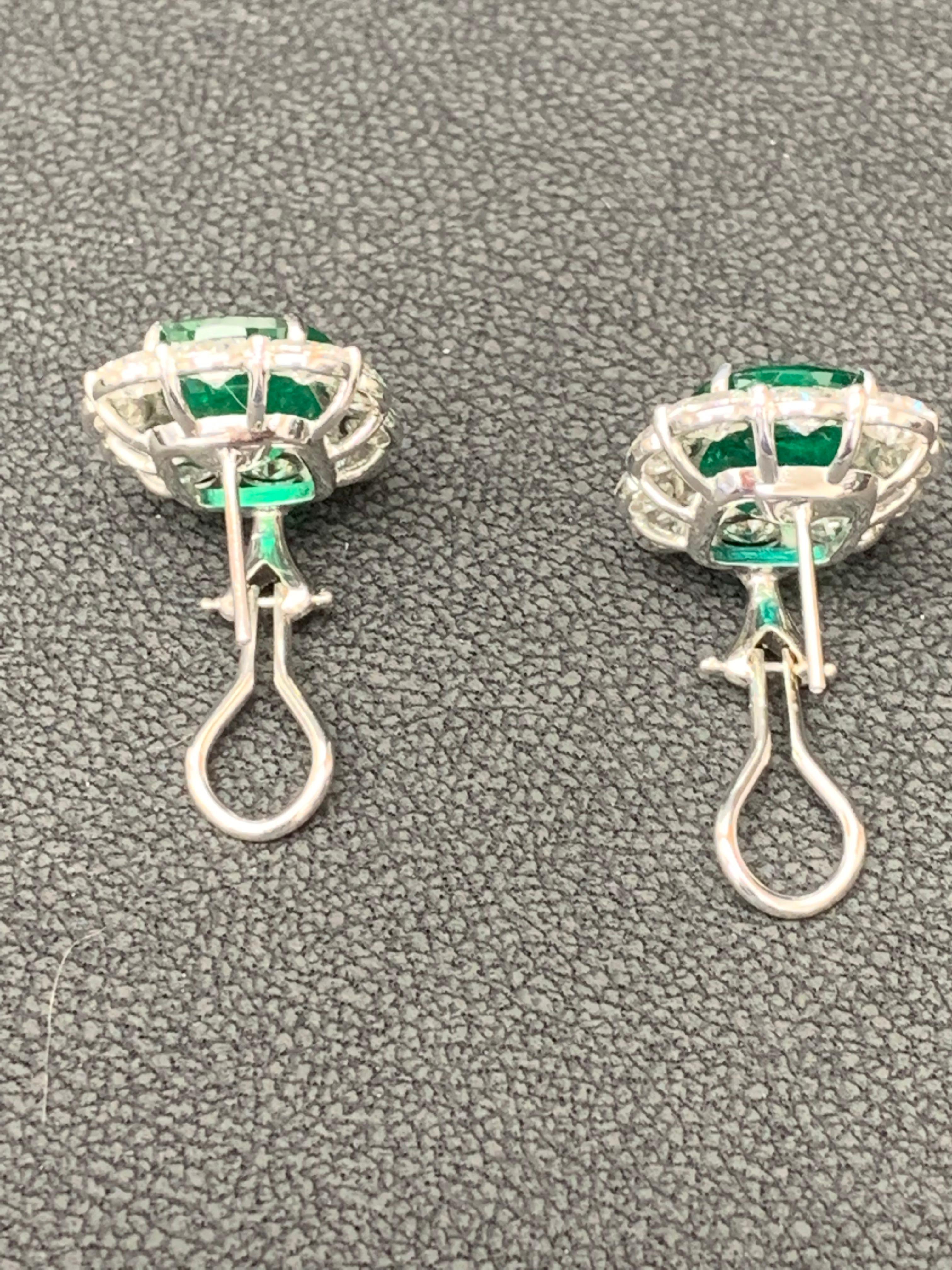 11.57 Carat Cushion Cut Emeralds and Diamond Halo Earrings in 18K White Gold For Sale 3