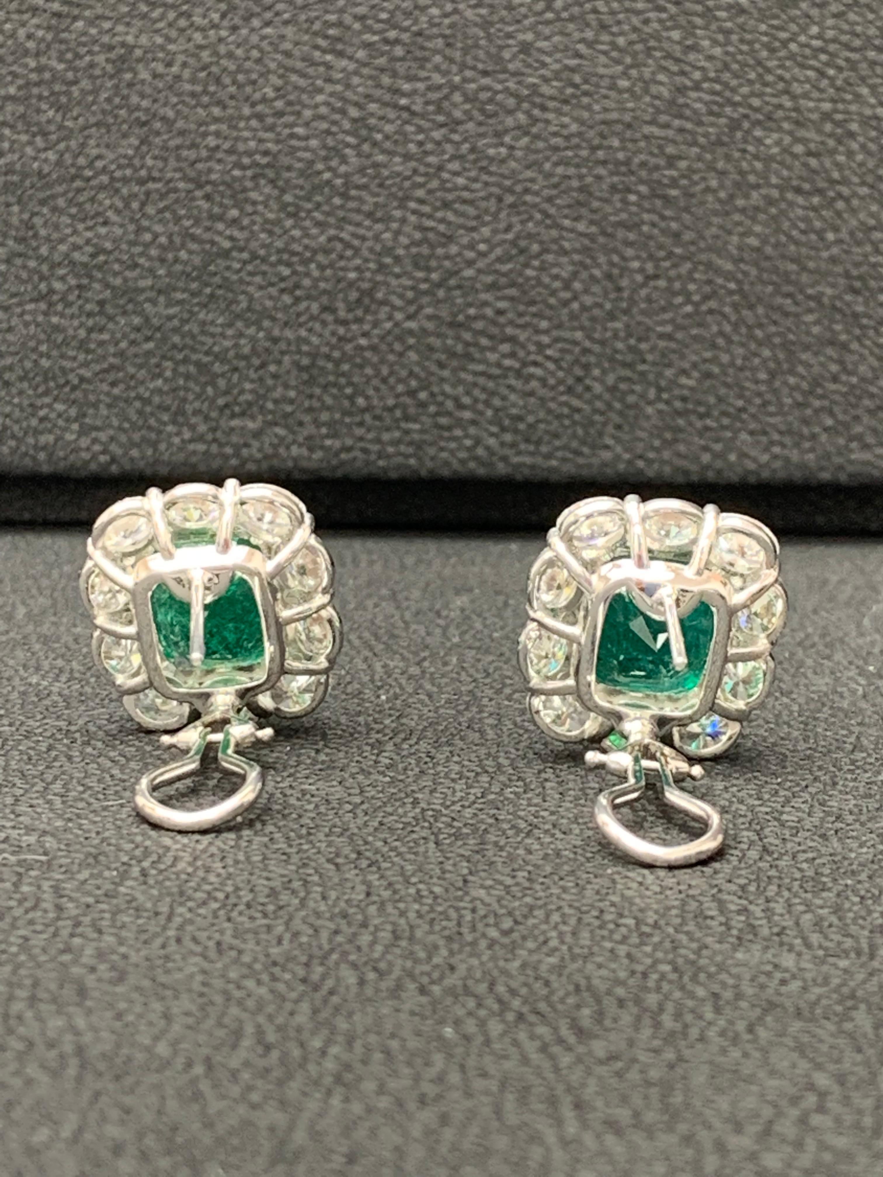 11.57 Carat Cushion Cut Emeralds and Diamond Halo Earrings in 18K White Gold For Sale 4