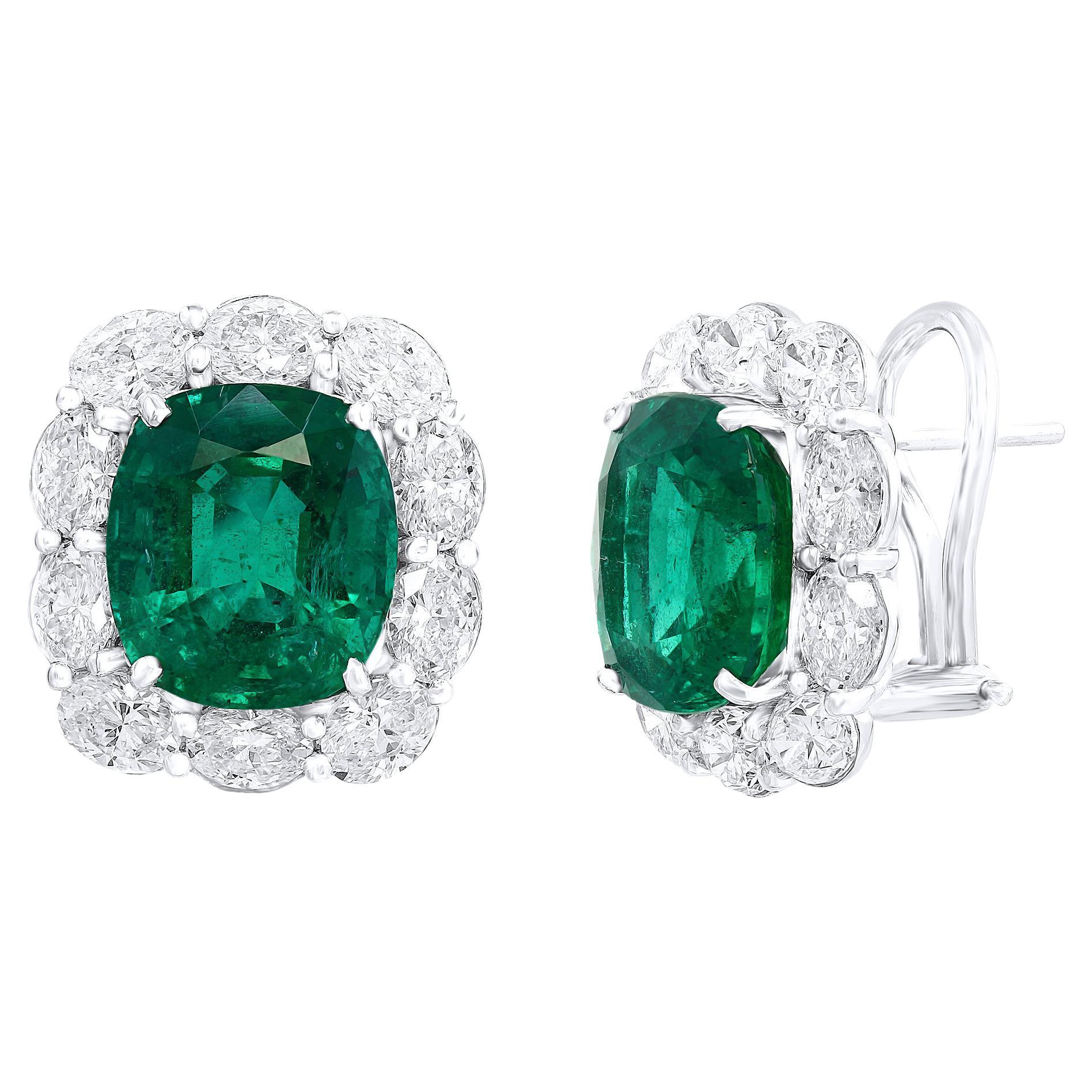 11.57 Carat Cushion Cut Emeralds and Diamond Halo Earrings in 18K White Gold For Sale