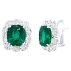 11.57 Carat Cushion Cut Emeralds and Diamond Halo Earrings in 18K White Gold