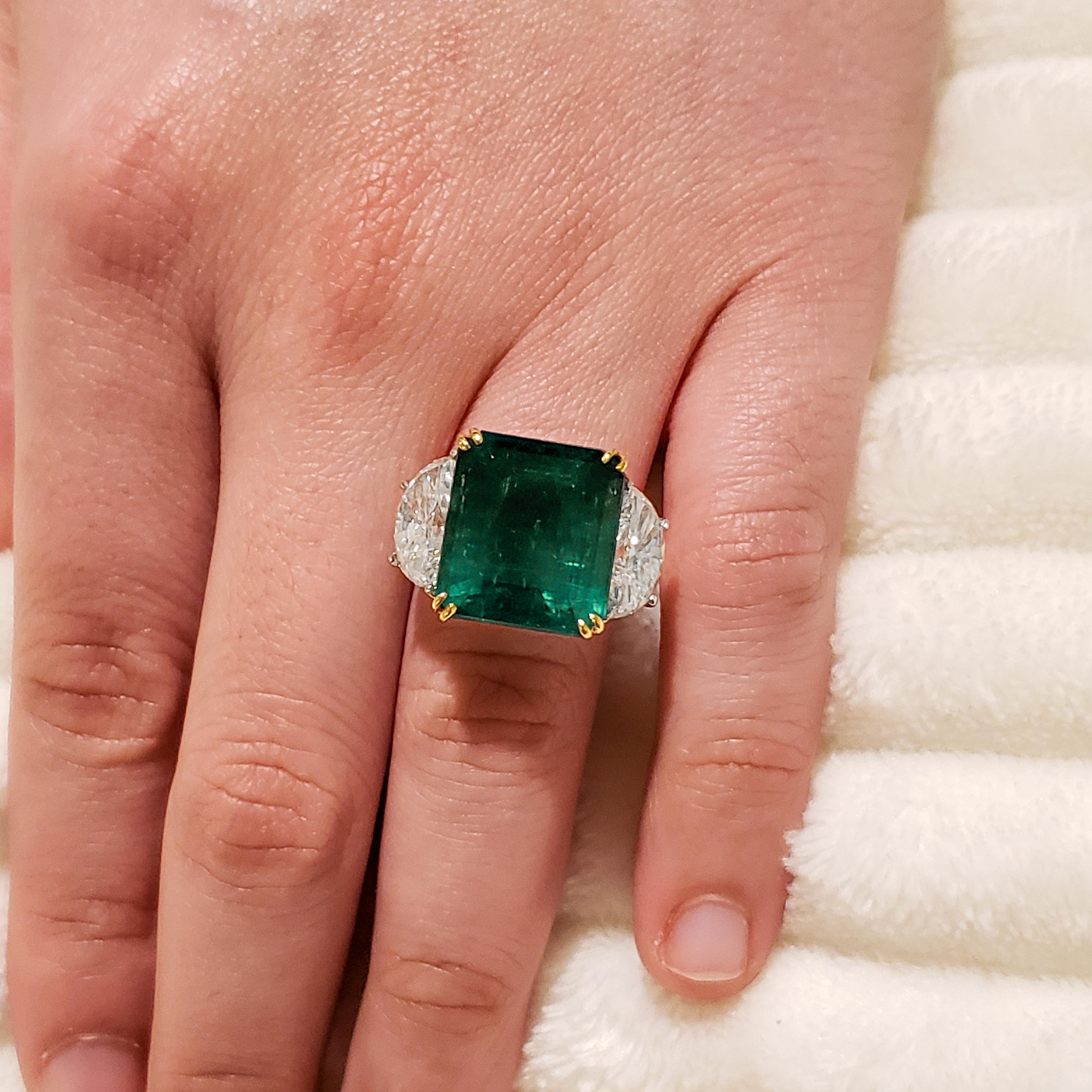 Emerald Cut 11.57 Carat Green Emerald and Diamond Three-Stone Engagement Ring For Sale