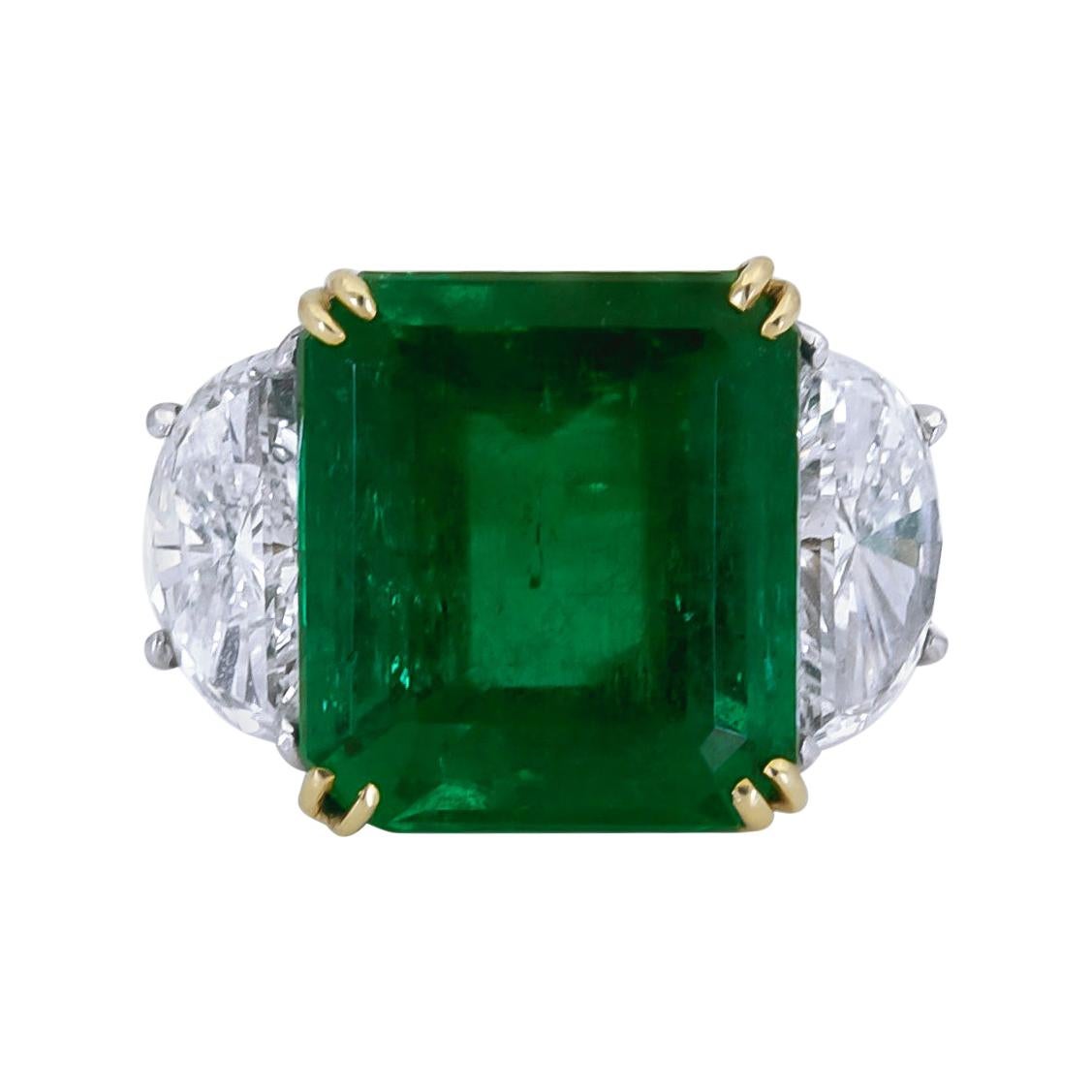 11.57 Carat Green Emerald and Diamond Three-Stone Engagement Ring For Sale