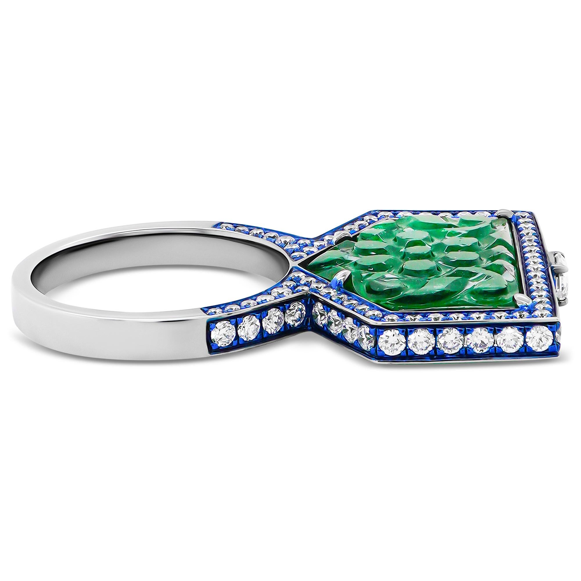 Art Nouveau 11.57 Carat Vivid Green Emerald & 1.70 Carat Diamond Royal 18K Ring