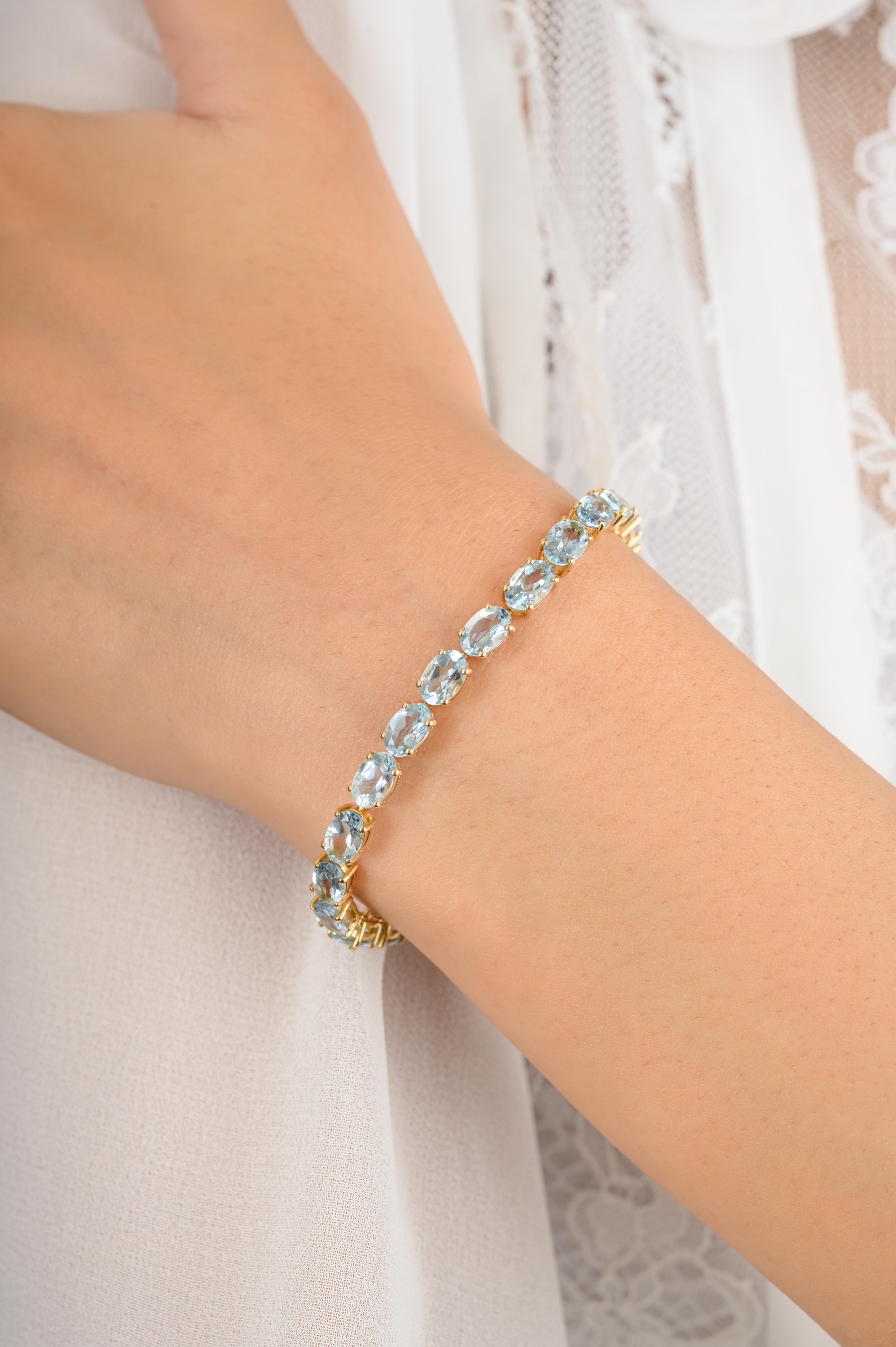 Taille ovale Bracelet tennis en or jaune massif 18 carats avec aigue-marine taille ovale brillante de 11,57 carats en vente