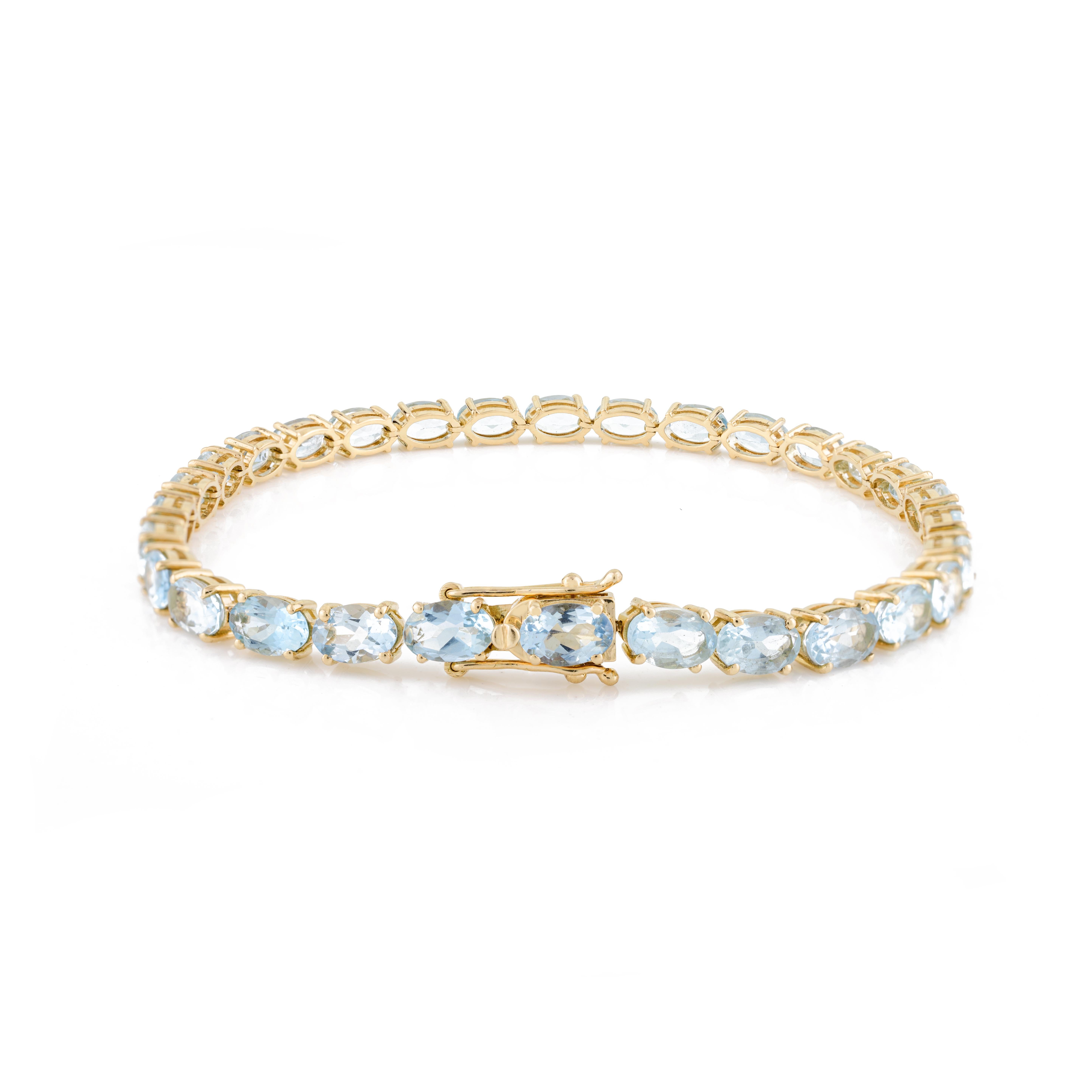 Bracelet tennis en or jaune massif 18 carats avec aigue-marine taille ovale brillante de 11,57 carats Neuf - En vente à New York, NY