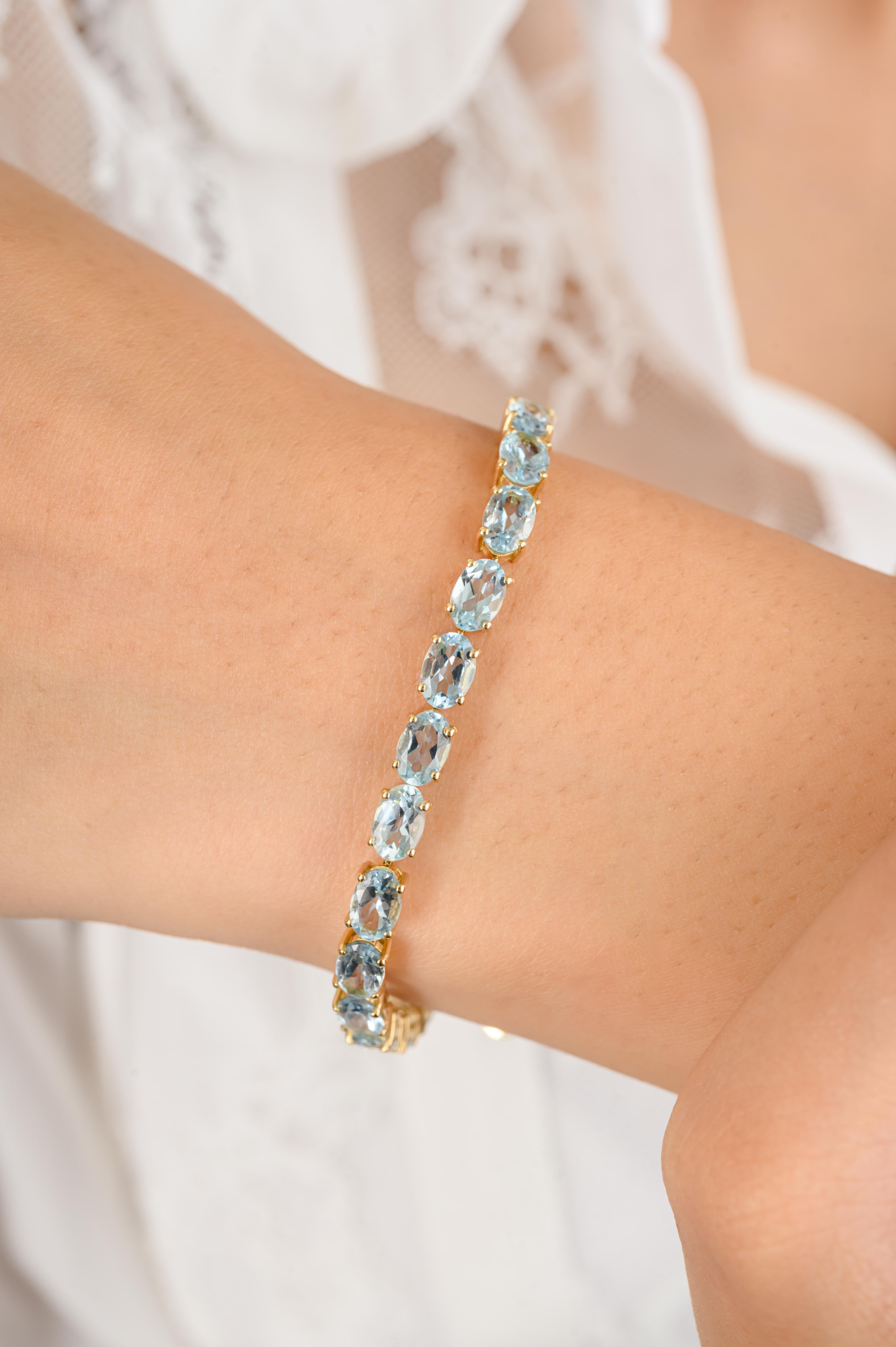 Bracelet tennis en or jaune massif 18 carats avec aigue-marine taille ovale brillante de 11,57 carats Pour femmes en vente