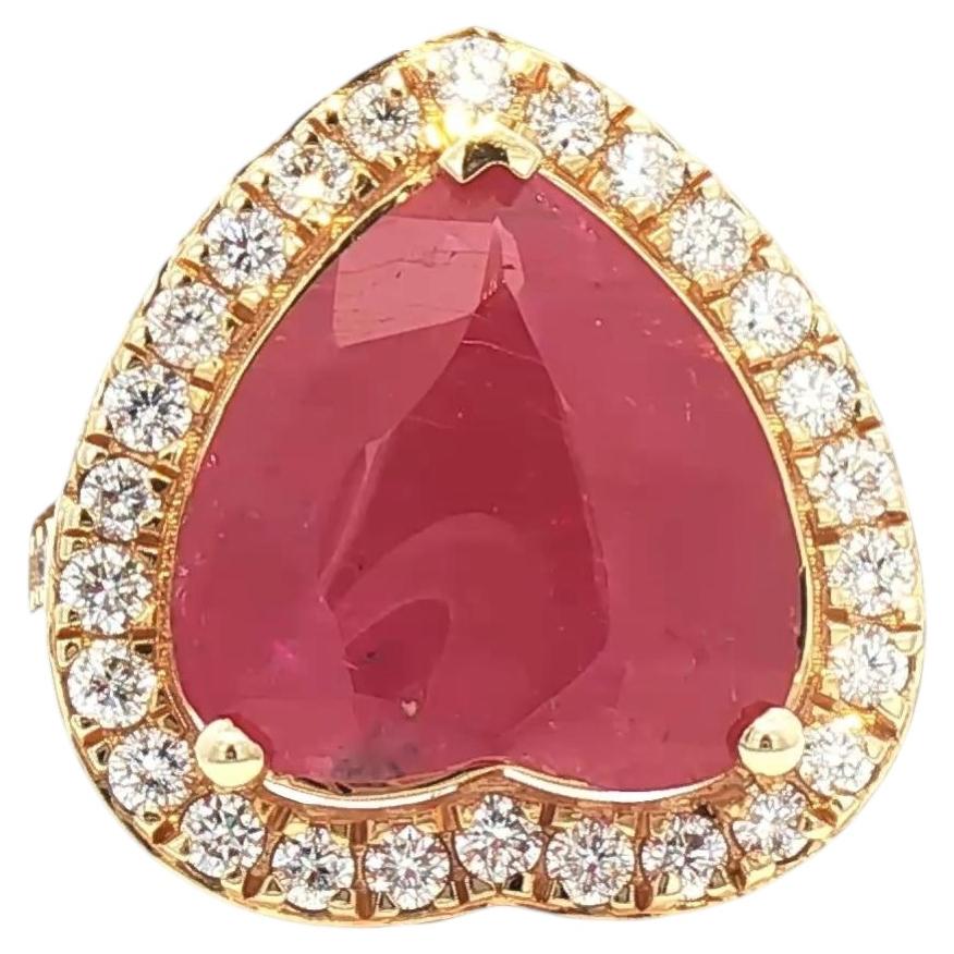 12.63 ctw Diamond & Heart-Shaped Ruby Halo Ring 18K Yellow Gold For Sale