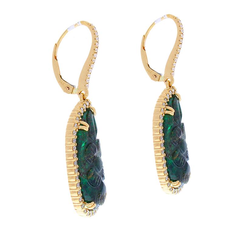 Contemporary 11.58 Carat Total Carved Emerald and Diamond Dangle Earrings in 14 Karat Gold