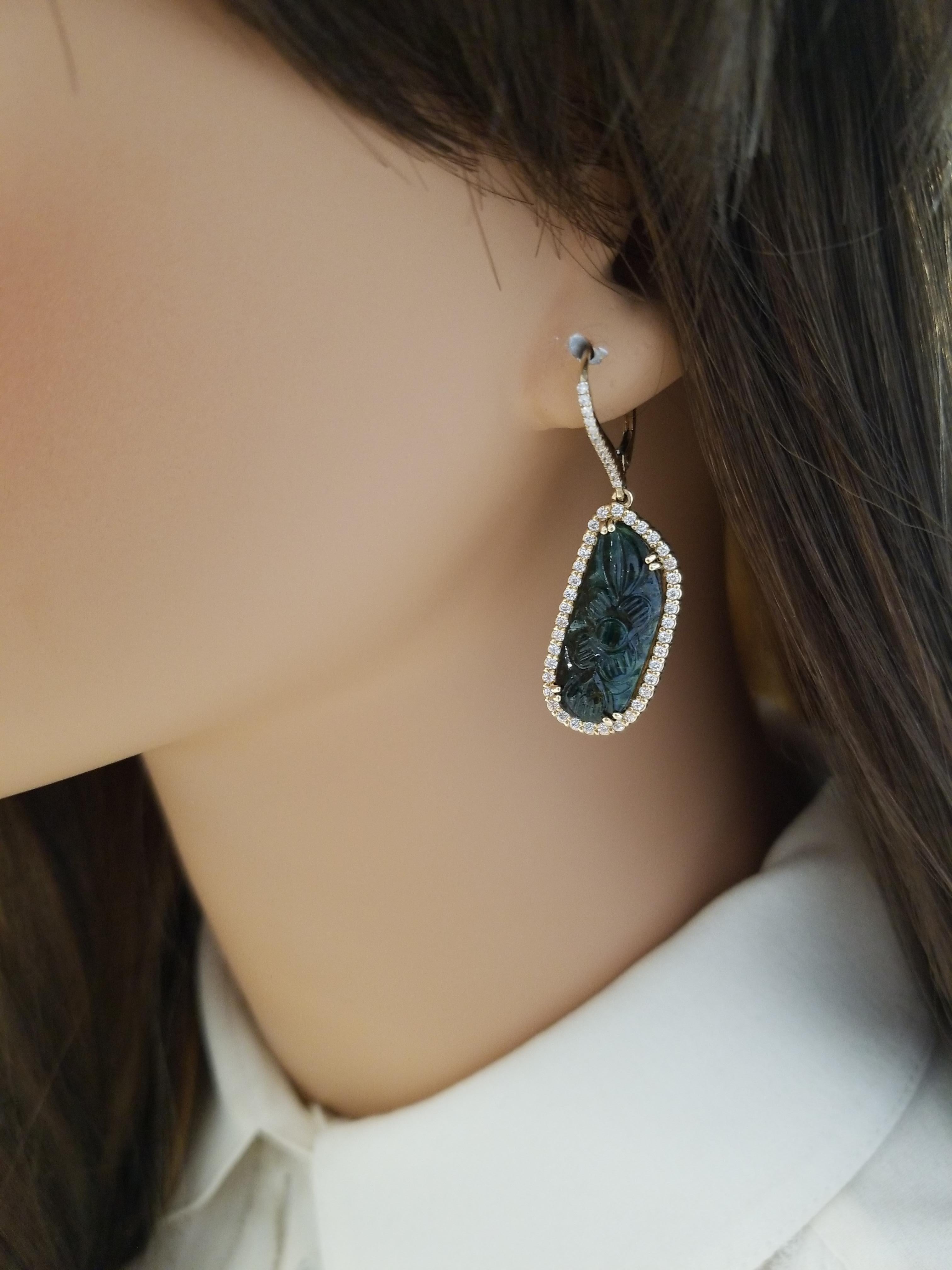 11.58 Carat Total Carved Emerald and Diamond Dangle Earrings in 14 Karat Gold In New Condition In Chicago, IL