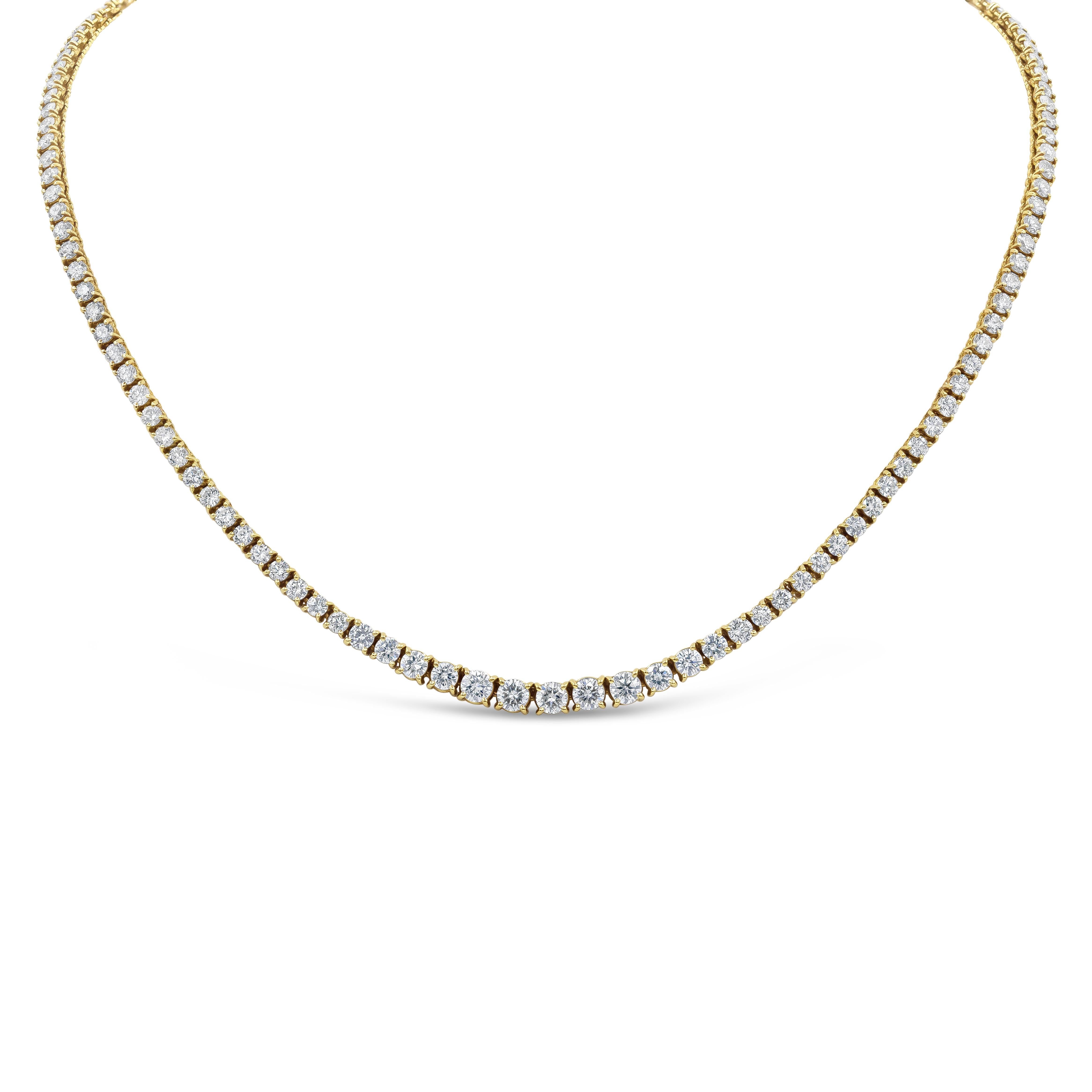 A brilliant and classic piece of jewelry showcasing a line of round brilliant diamonds that elegantly get larger to the center of the necklace. Diamonds weigh 11.58 carats total and is set in 18K yellow gold, 16 inches in length.

Roman Malakov is a