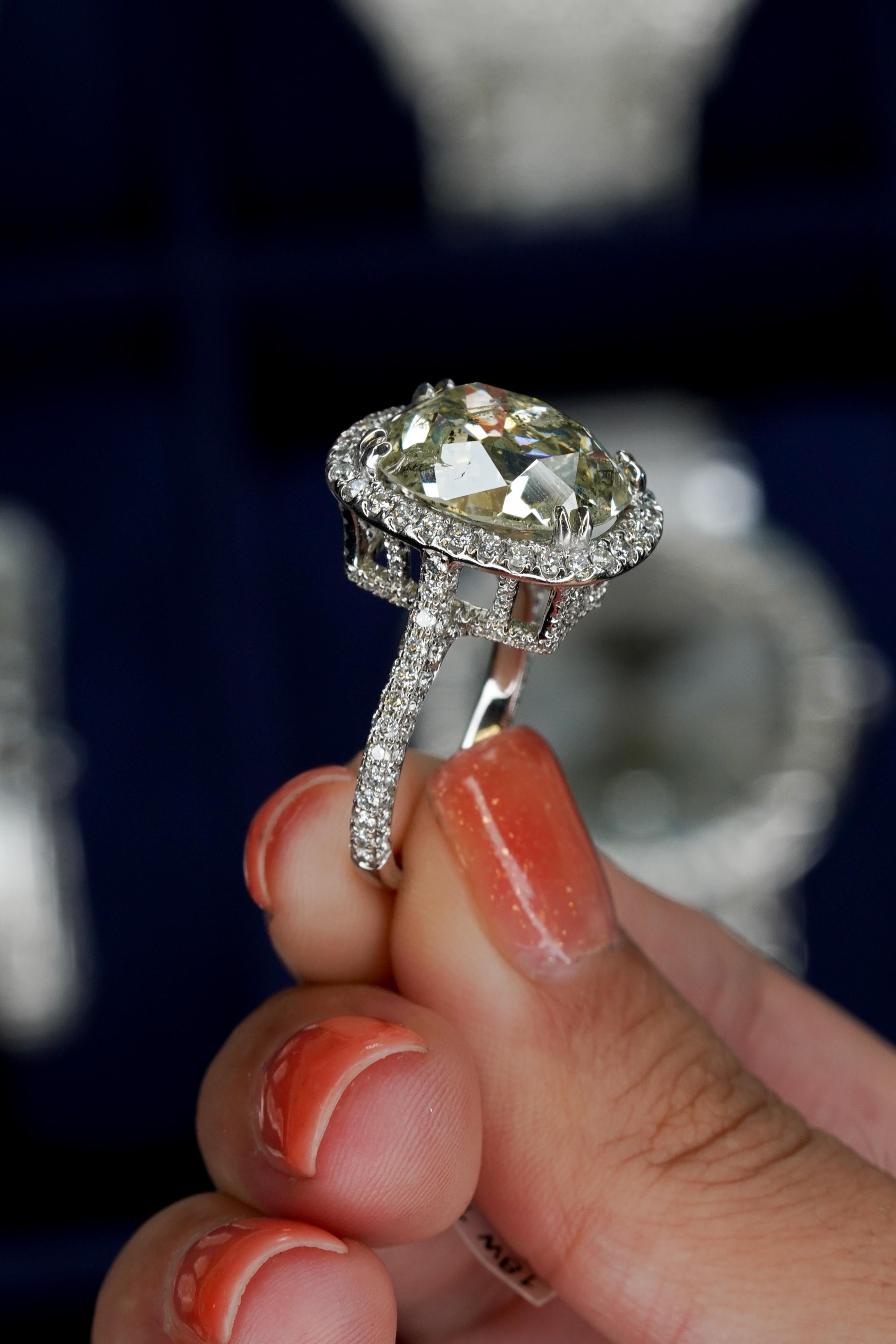 11.59 Carat Cushion Cut Diamond Engagement Ring 18 Karat in Stock For Sale 1