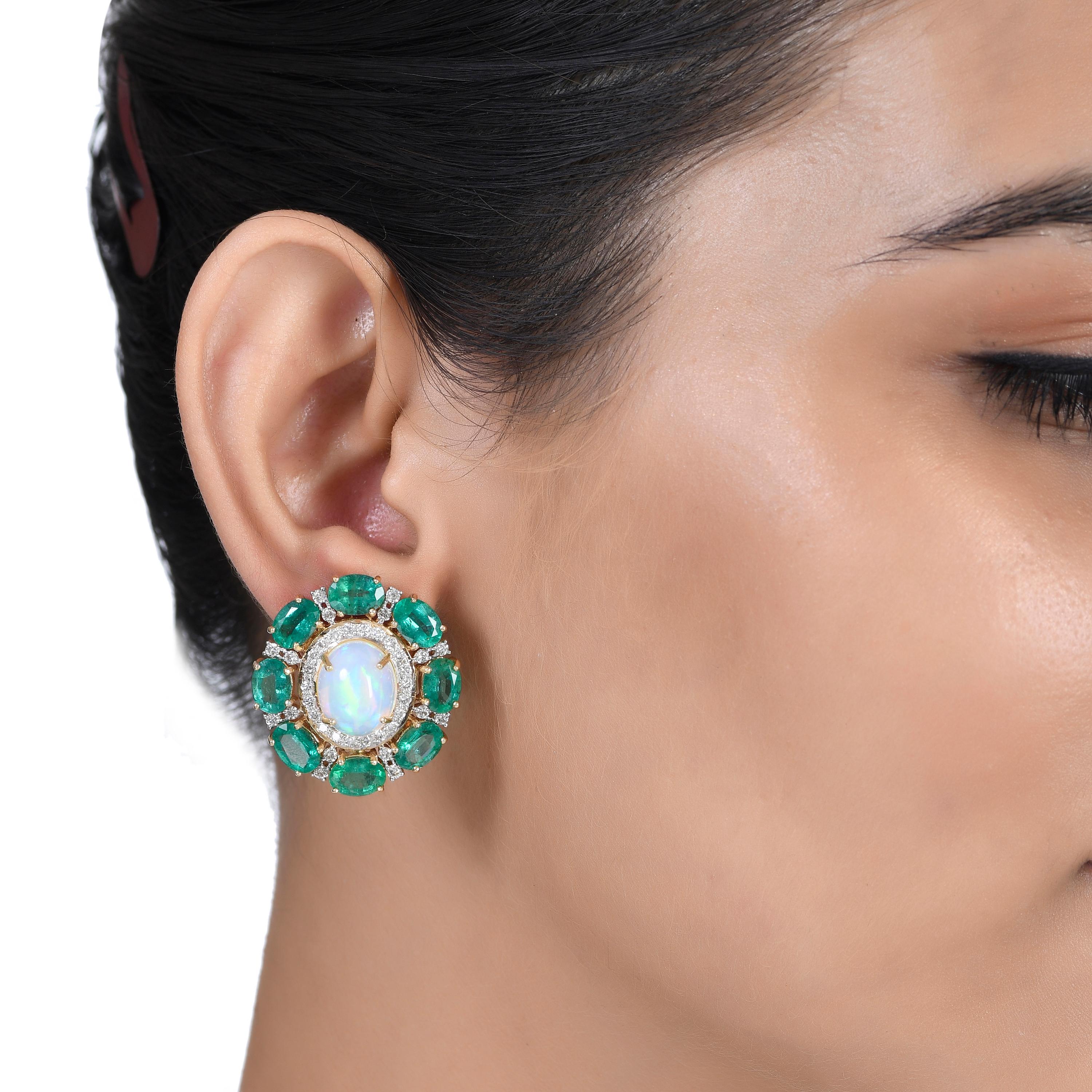 Modern 11.59 Carat Emerald Ethiopian Opal and Diamond 18kt Yellow Gold Stud Earrings For Sale