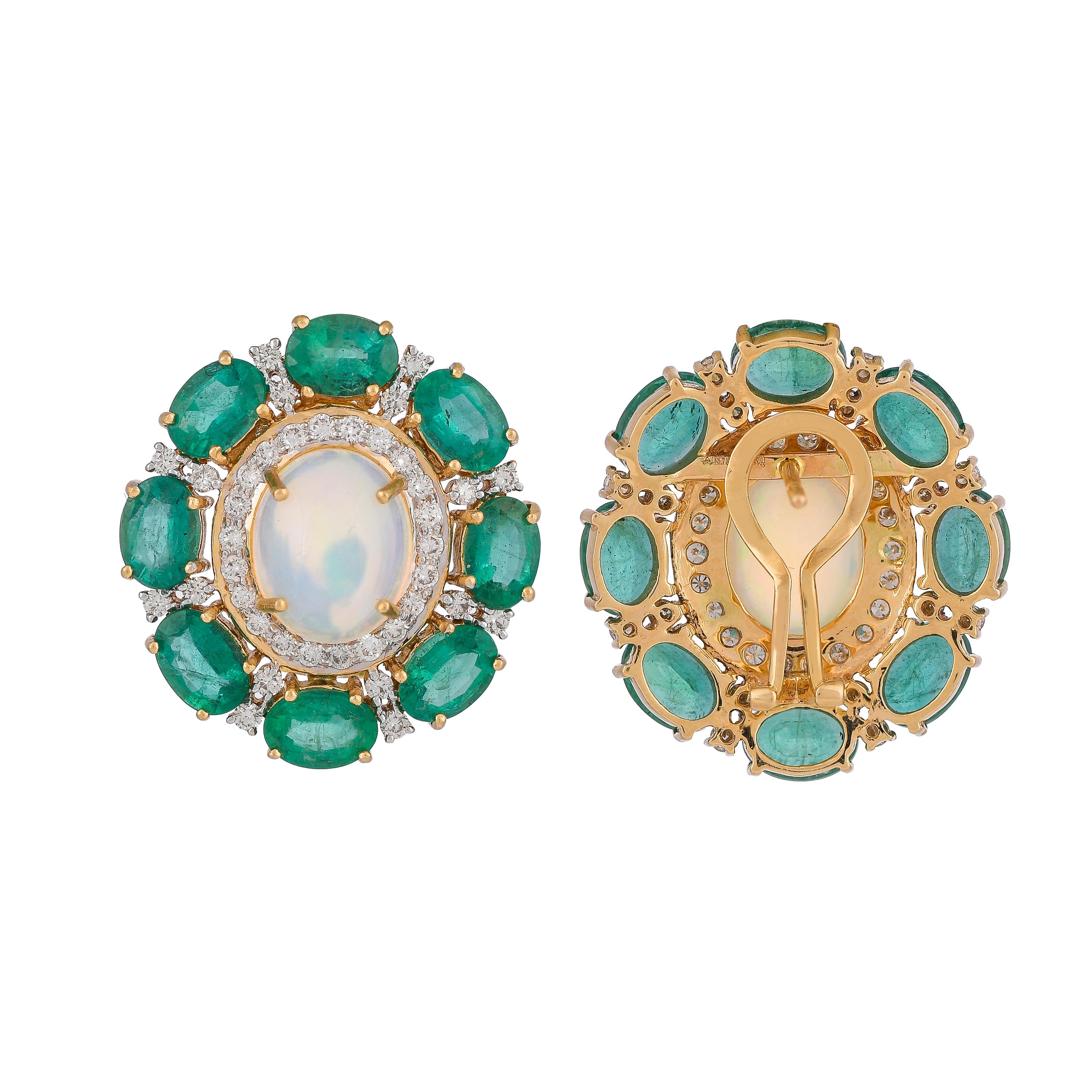 Cabochon 11.59 Carat Emerald Ethiopian Opal and Diamond 18kt Yellow Gold Stud Earrings For Sale