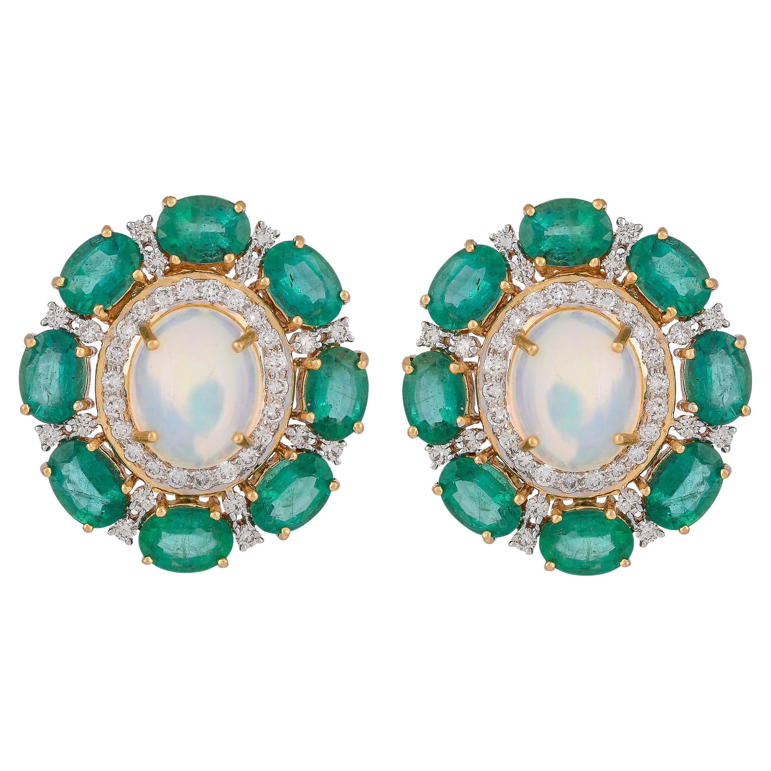 11.59 Carat Emerald Ethiopian Opal and Diamond 18kt Yellow Gold Stud Earrings For Sale