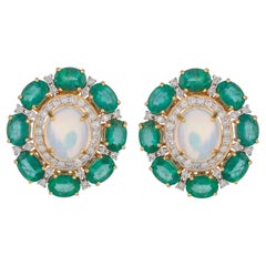 11.59 Carat Emerald Ethiopian Opal and Diamond 18kt Yellow Gold Stud Earrings