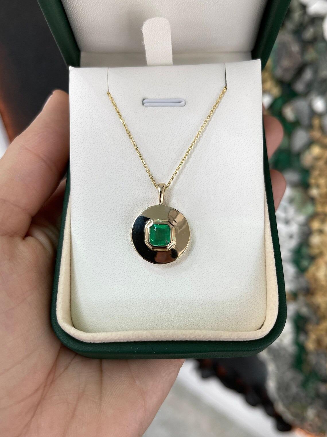 Modern 1.15ct 14K Natural Asscher Emerald Bezel Set in Round Gold Gypsy Pendant Necklac For Sale