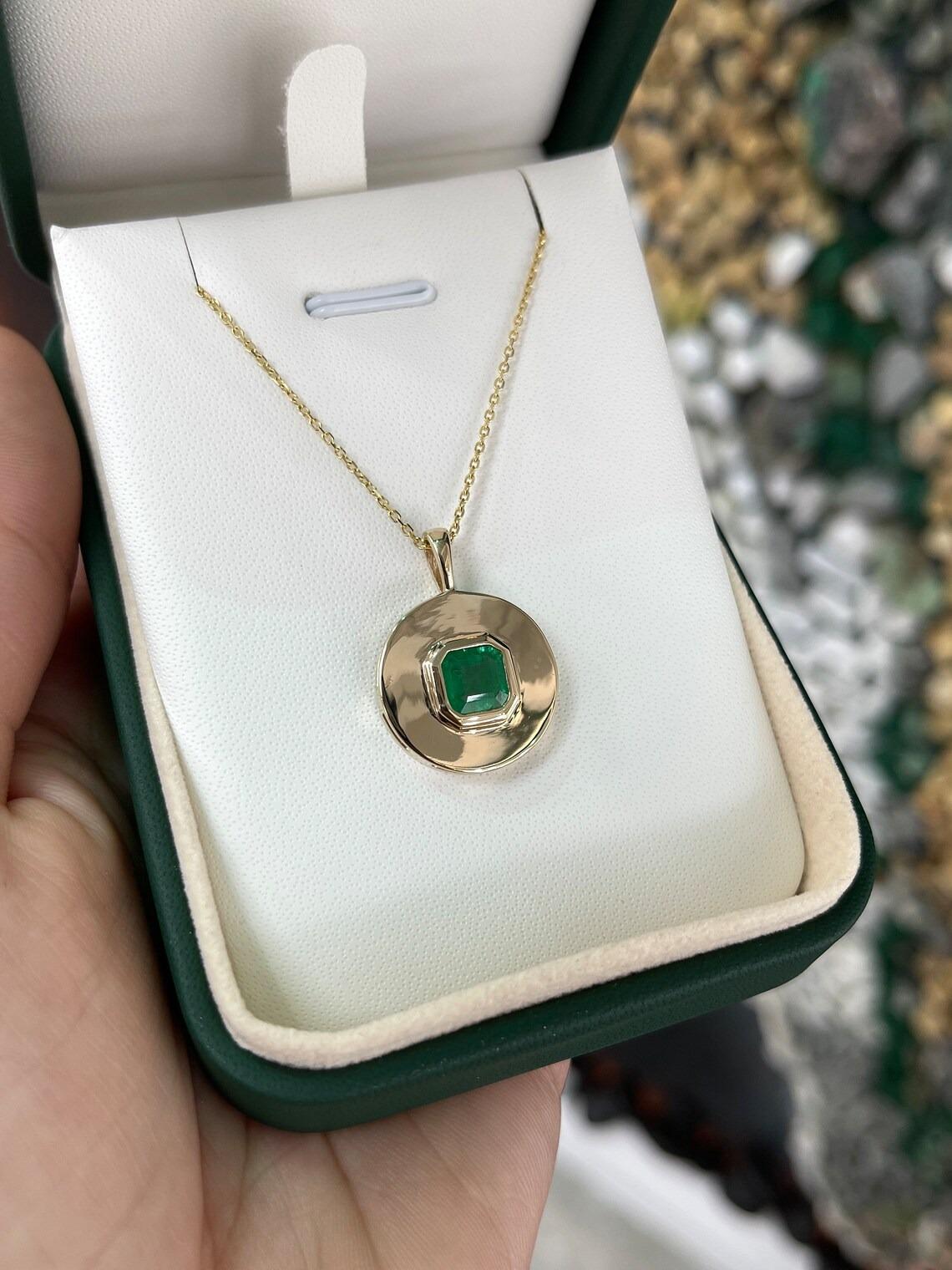 Asscher Cut 1.15ct 14K Natural Asscher Emerald Bezel Set in Round Gold Gypsy Pendant Necklac For Sale