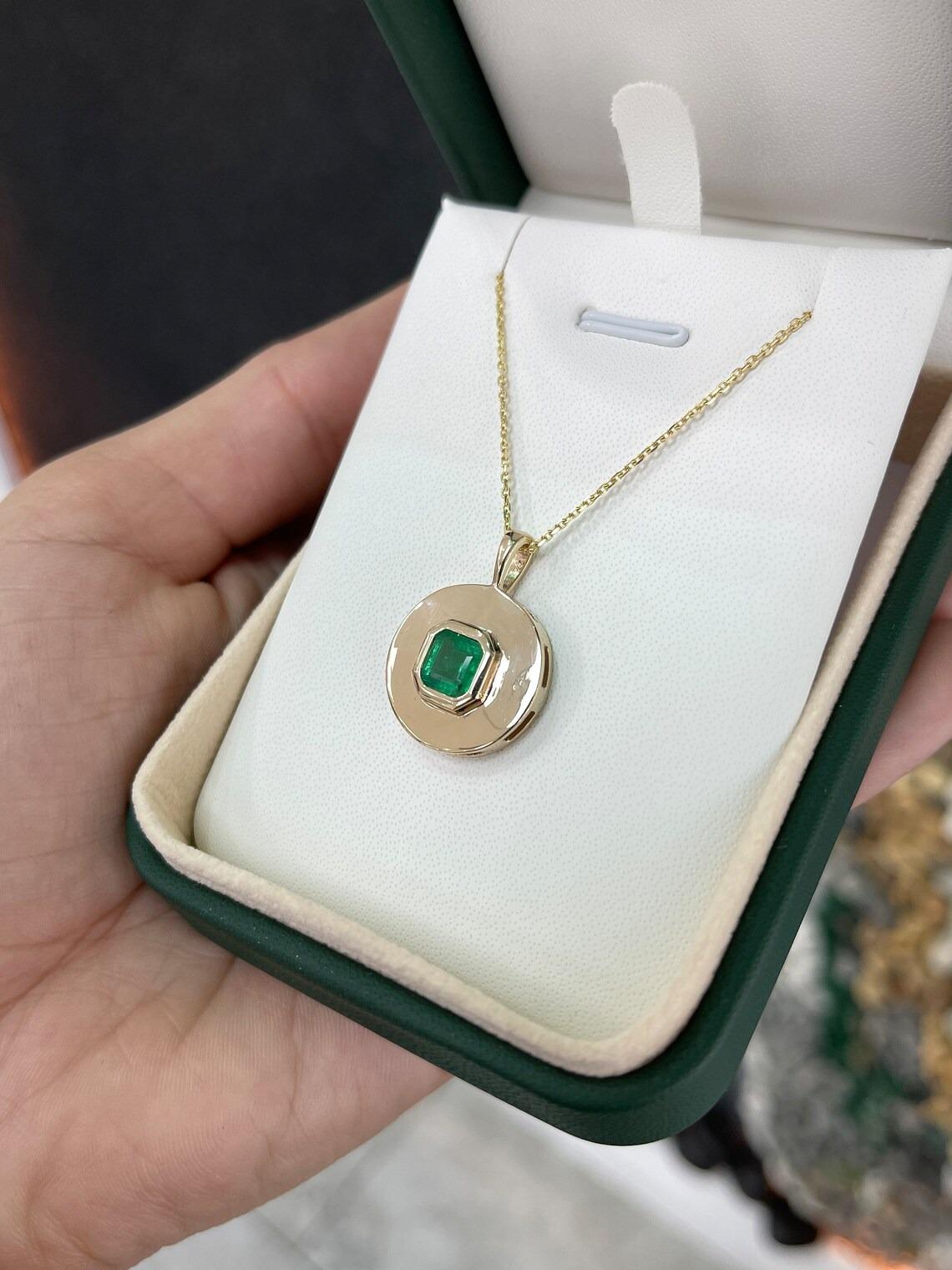 1.15ct 14K Natural Asscher Emerald Bezel Set in Round Gold Gypsy Pendant Necklac In New Condition For Sale In Jupiter, FL