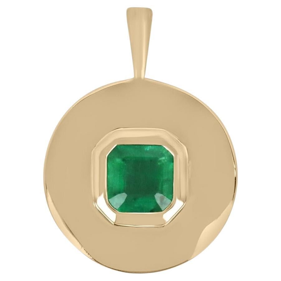 1.15ct 14K Natural Asscher Emerald Bezel Set in Round Gold Gypsy Pendant Necklac For Sale
