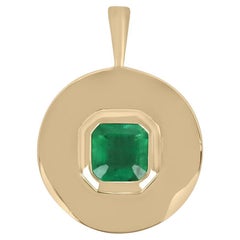 Used 1.15ct 14K Natural Asscher Emerald Bezel Set in Round Gold Gypsy Pendant Necklac