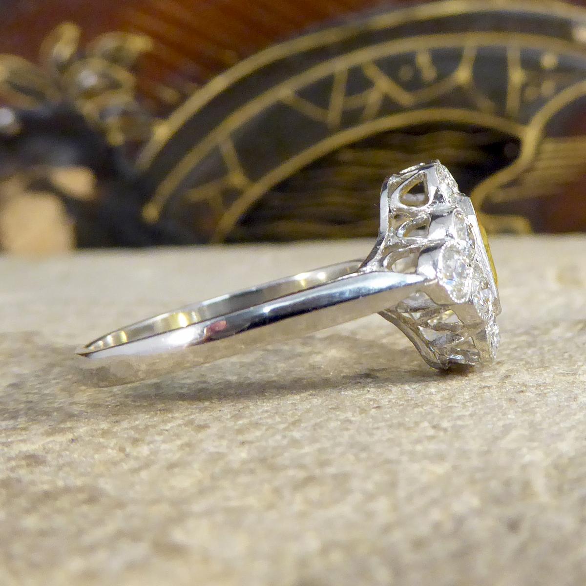 Art Deco 1.15ct Asscher Cut Yellow Sapphire and Diamond Cluster Ring in Platinum