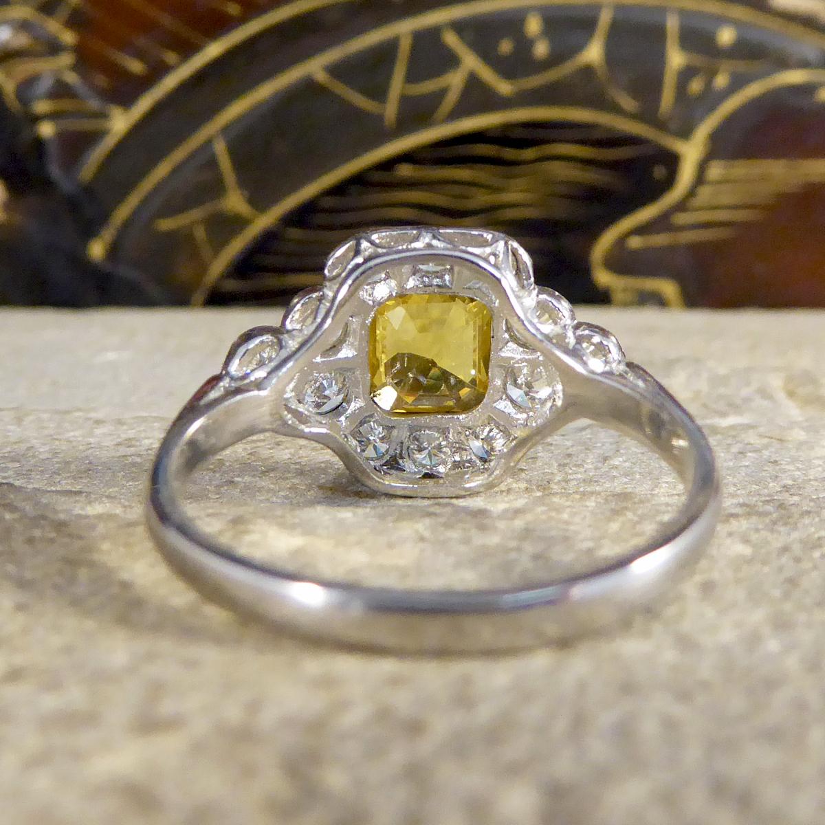1.15ct Asscher Cut Yellow Sapphire and Diamond Cluster Ring in Platinum In Good Condition In Yorkshire, West Yorkshire