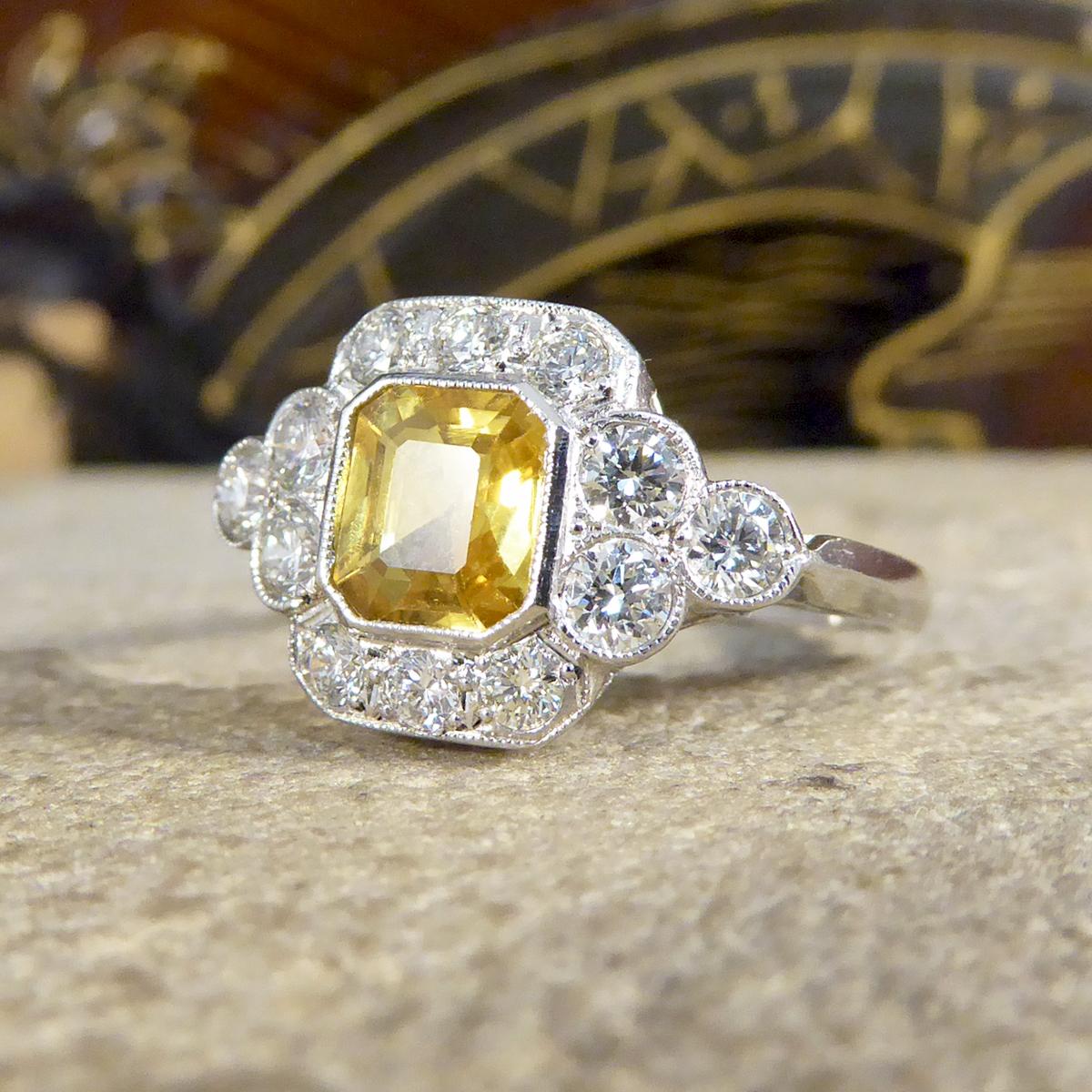 Women's or Men's 1.15ct Asscher Cut Yellow Sapphire and Diamond Cluster Ring in Platinum