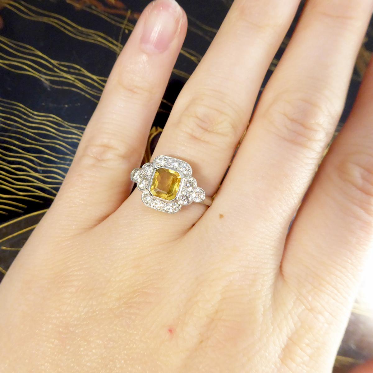 1.15ct Asscher Cut Yellow Sapphire and Diamond Cluster Ring in Platinum 2