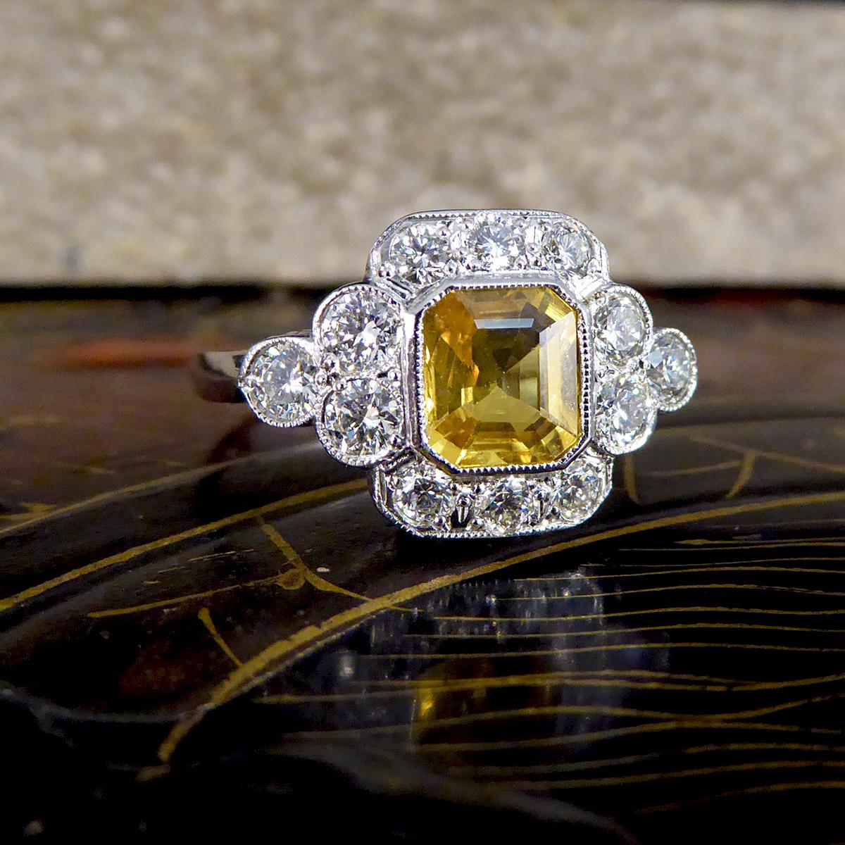 1.15ct Asscher Cut Yellow Sapphire and Diamond Cluster Ring in Platinum 3