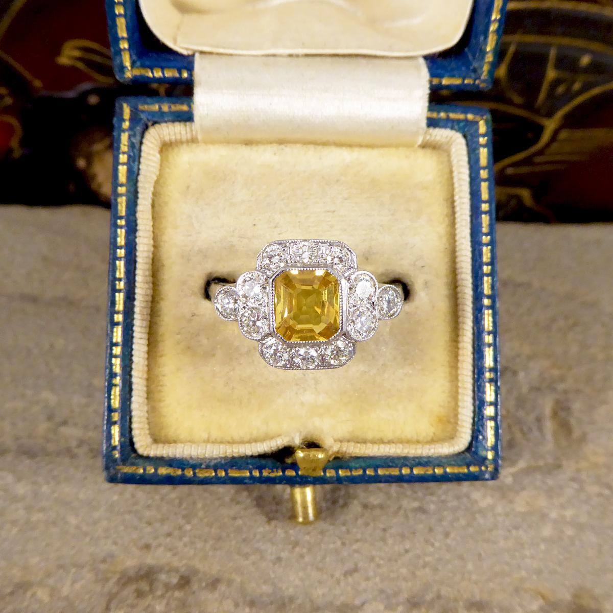 1.15ct Asscher Cut Yellow Sapphire and Diamond Cluster Ring in Platinum 4