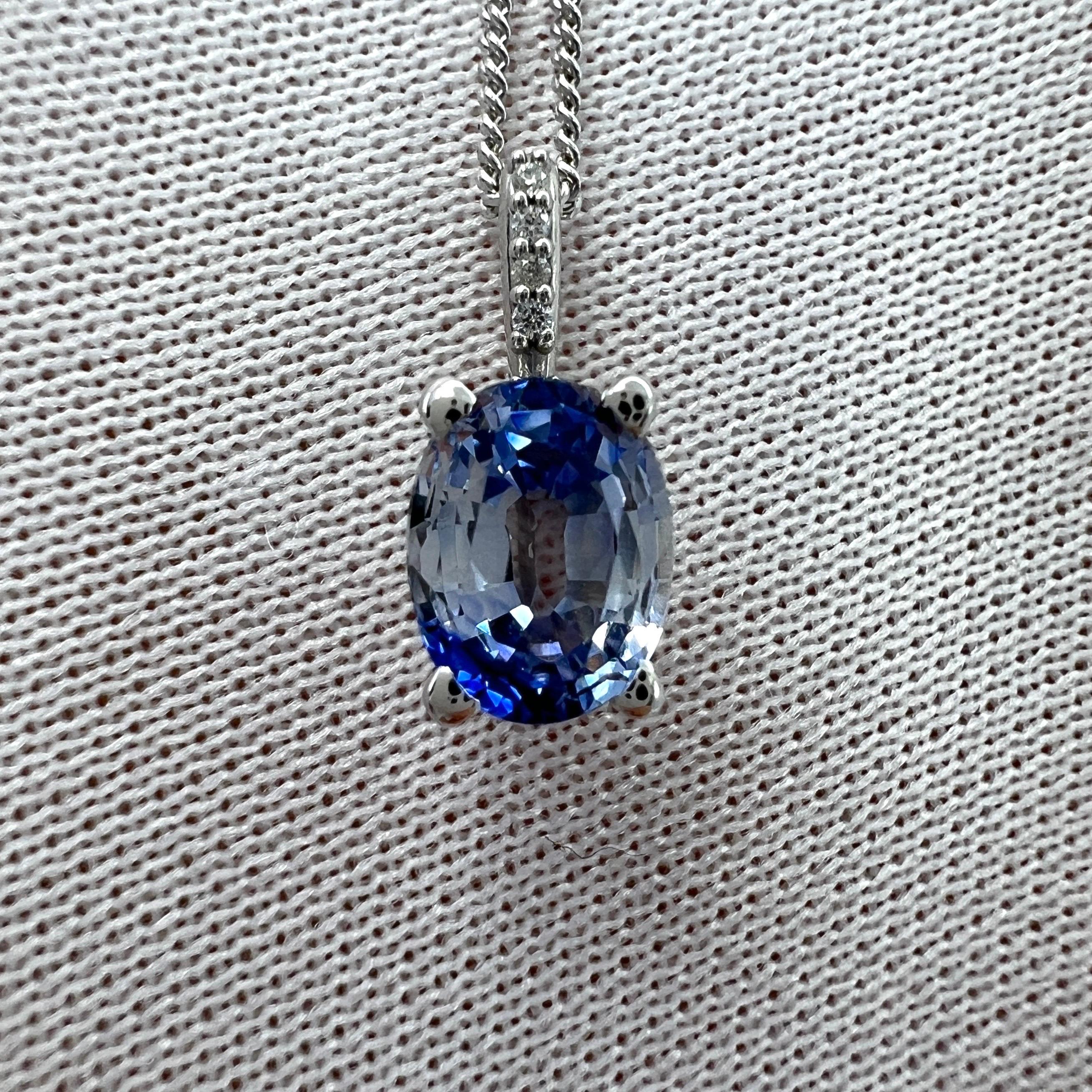 Oval Cut 1.15ct Bi Colour Blue Ceylon Sapphire Diamond 18k White Gold Hidden Halo Pendant For Sale