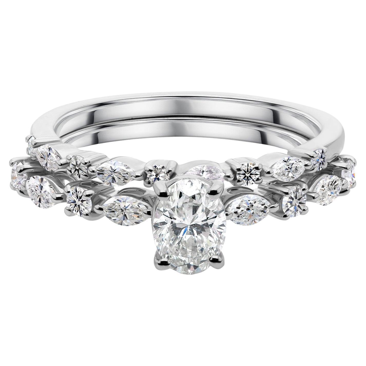 1.15Ct Certified Oval Diamond Solitaire Stackable Band Ring Set 14K White Gold
