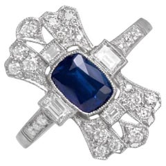 1.15ct Cushion Cut Natural Sapphire Cocktail Ring, Diamond Halo, Platinum