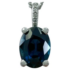 1.15ct Deep Blue Oval Cut Sapphire Diamond 18k White Gold Hidden Halo Pendant