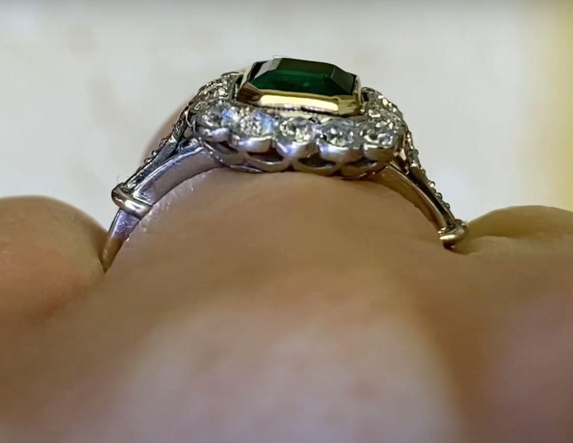1.15ct Emerald Cut Emerald  Engagement Ring, Diamond Halo, Platinum In Excellent Condition For Sale In New York, NY