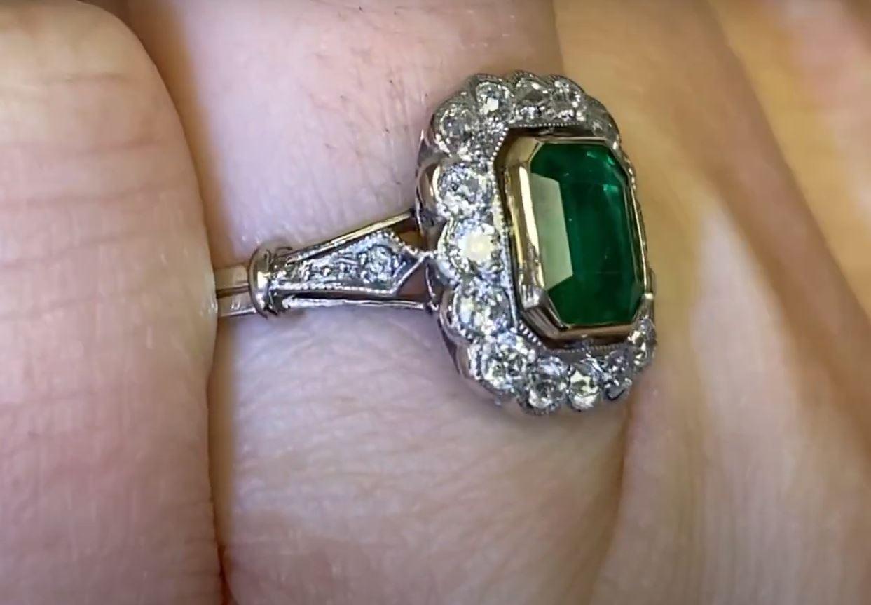 Women's 1.15ct Emerald Cut Emerald  Engagement Ring, Diamond Halo, Platinum For Sale