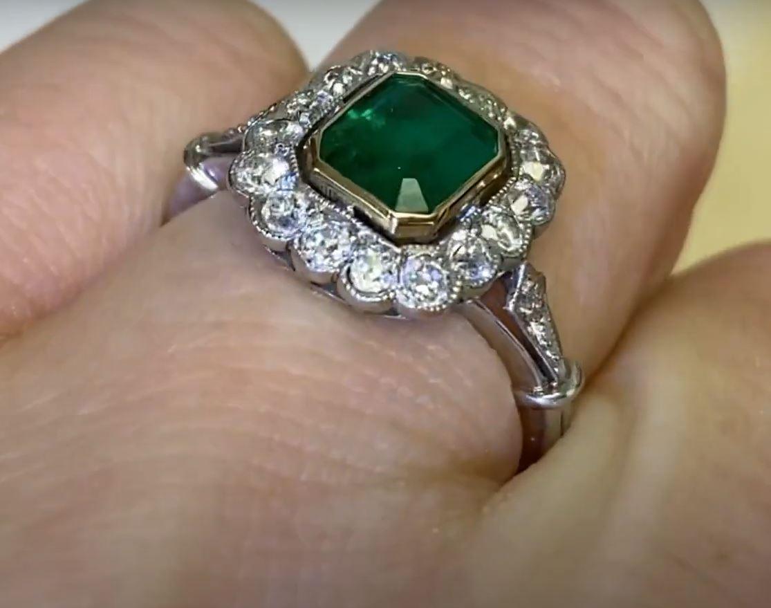 1.15ct Emerald Cut Emerald  Engagement Ring, Diamond Halo, Platinum For Sale 1