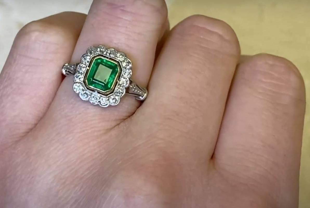 1.15ct Emerald Cut Emerald  Engagement Ring, Diamond Halo, Platinum For Sale 2