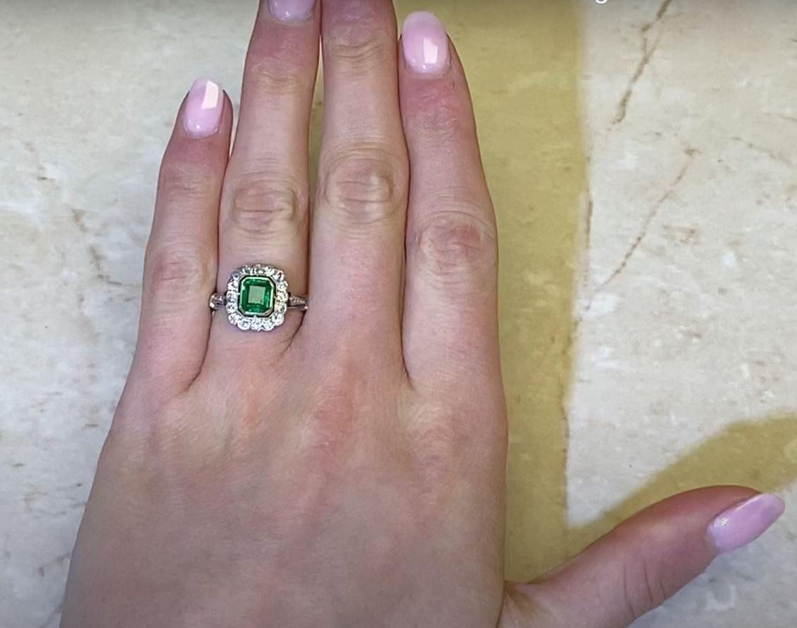 1.15ct Emerald Cut Emerald  Engagement Ring, Diamond Halo, Platinum For Sale 3