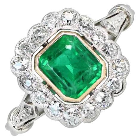 1.15ct Emerald Cut Emerald  Engagement Ring, Diamond Halo, Platinum For Sale