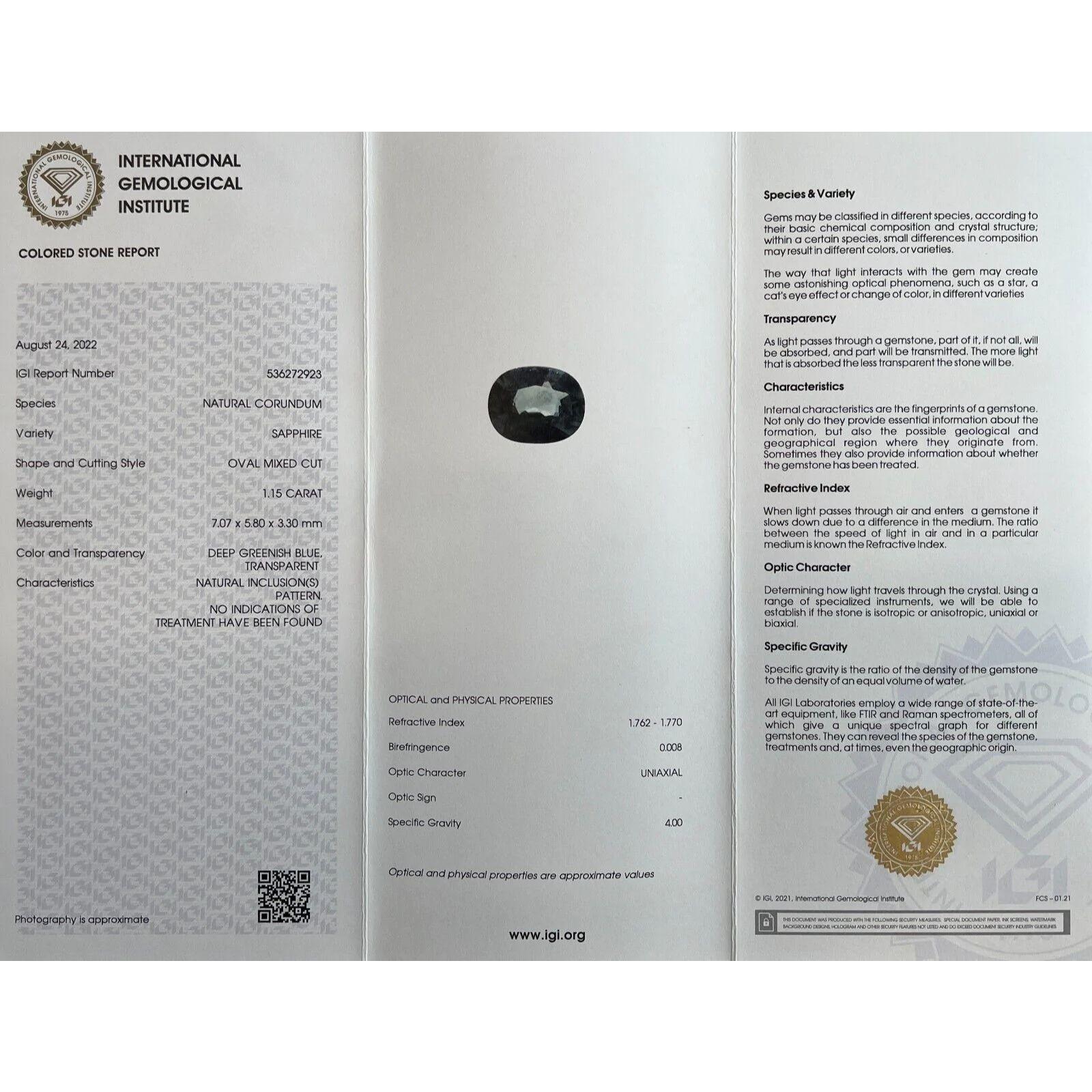 Saphir bleu sarcelle non traité de 1,15 carat, taille ovale, certifié IGI en vente 2