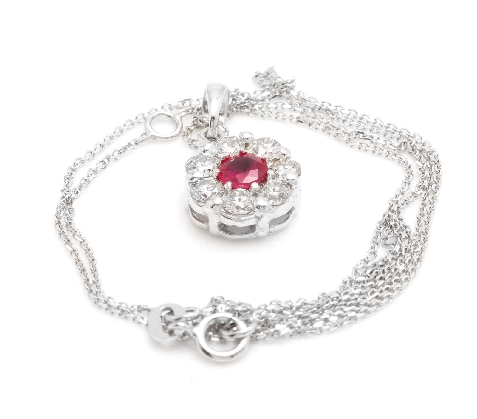 Round Cut 1.15 Carat Natural Red Ruby and Diamond 14 Karat Solid White Gold Necklace For Sale