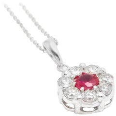 1.15 Carat Natural Red Ruby and Diamond 14 Karat Solid White Gold Necklace